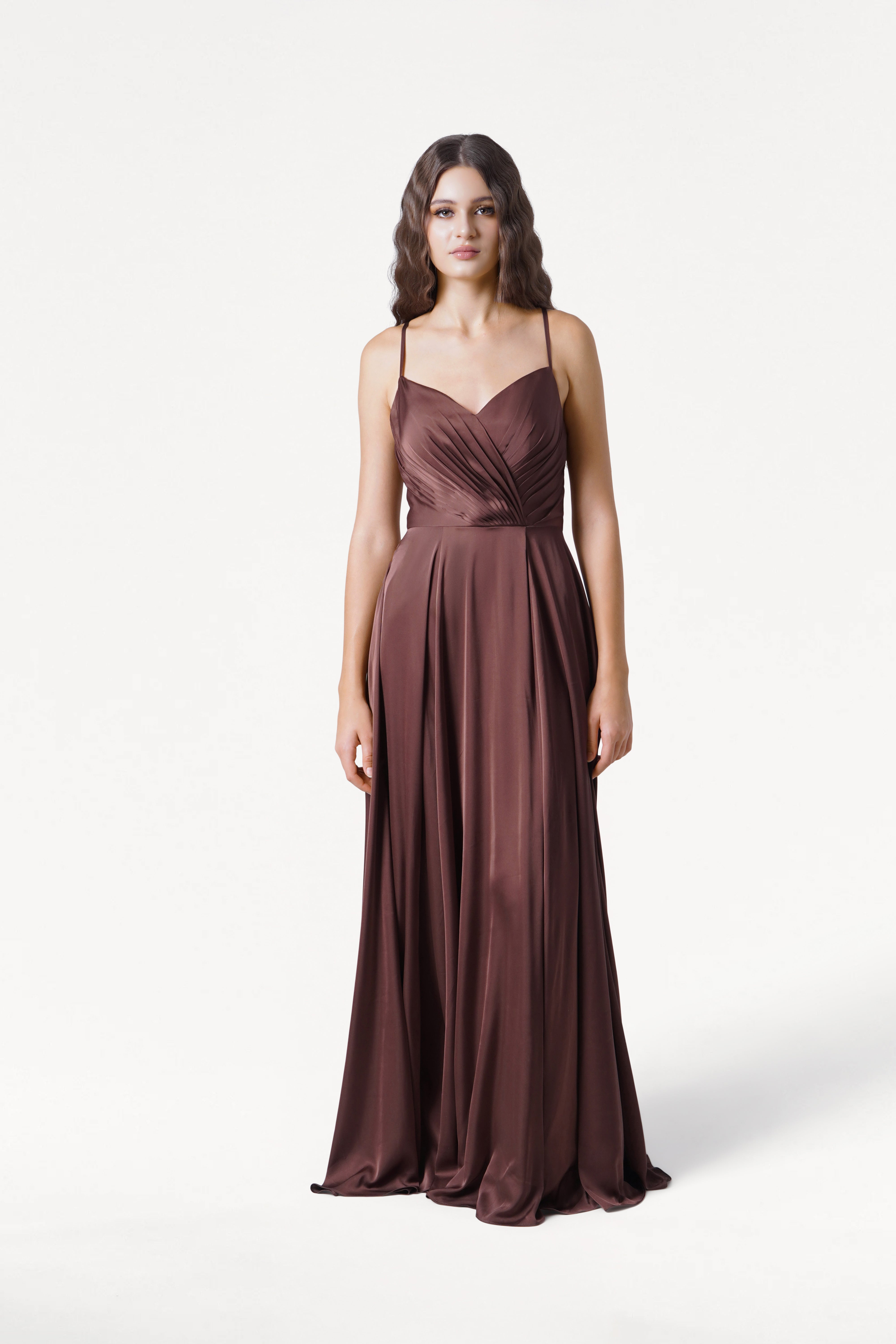 Isla Bridesmaid Dress in Chocolate Brown Satin TH and TH Isla Bridesmaid Dress in Chocolate Brown Satin TH and TH
