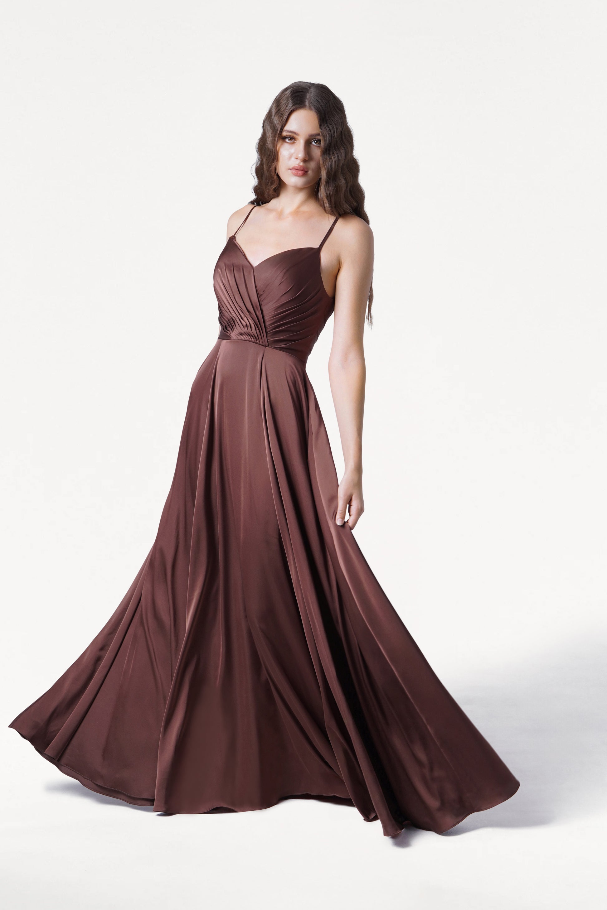Isla Bridesmaid Dress in Chocolate Brown Satin TH and TH Isla Bridesmaid Dress in Chocolate Brown Satin TH and TH