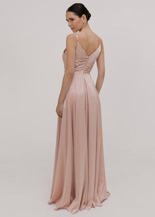 TH&TH Isla blush satin bridesmaid dress. Back view with ruched detail.