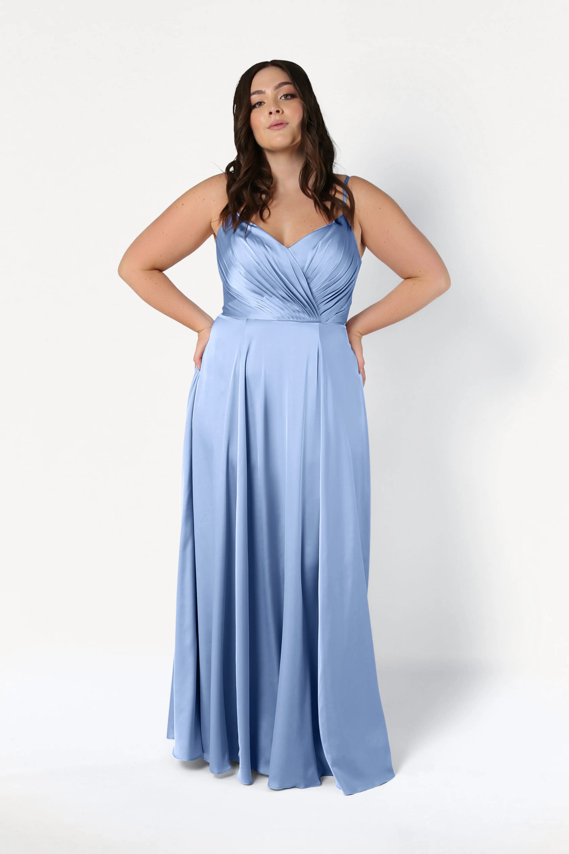 TH&TH Isla Bridesmaid Dress In Dusty Blue Satin