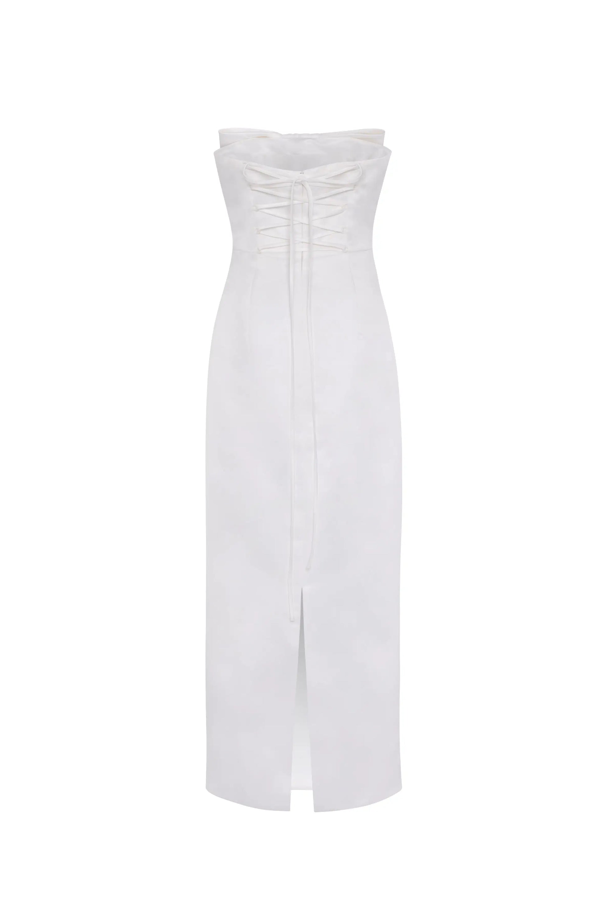 The Ivy Bridal Dress in Ivory by TH&TH is a strapless column gown featuring a fitted bodice, front lace-up detail, and a floor-length skirt with front slit—a sleek, elegant choice for modern brides.