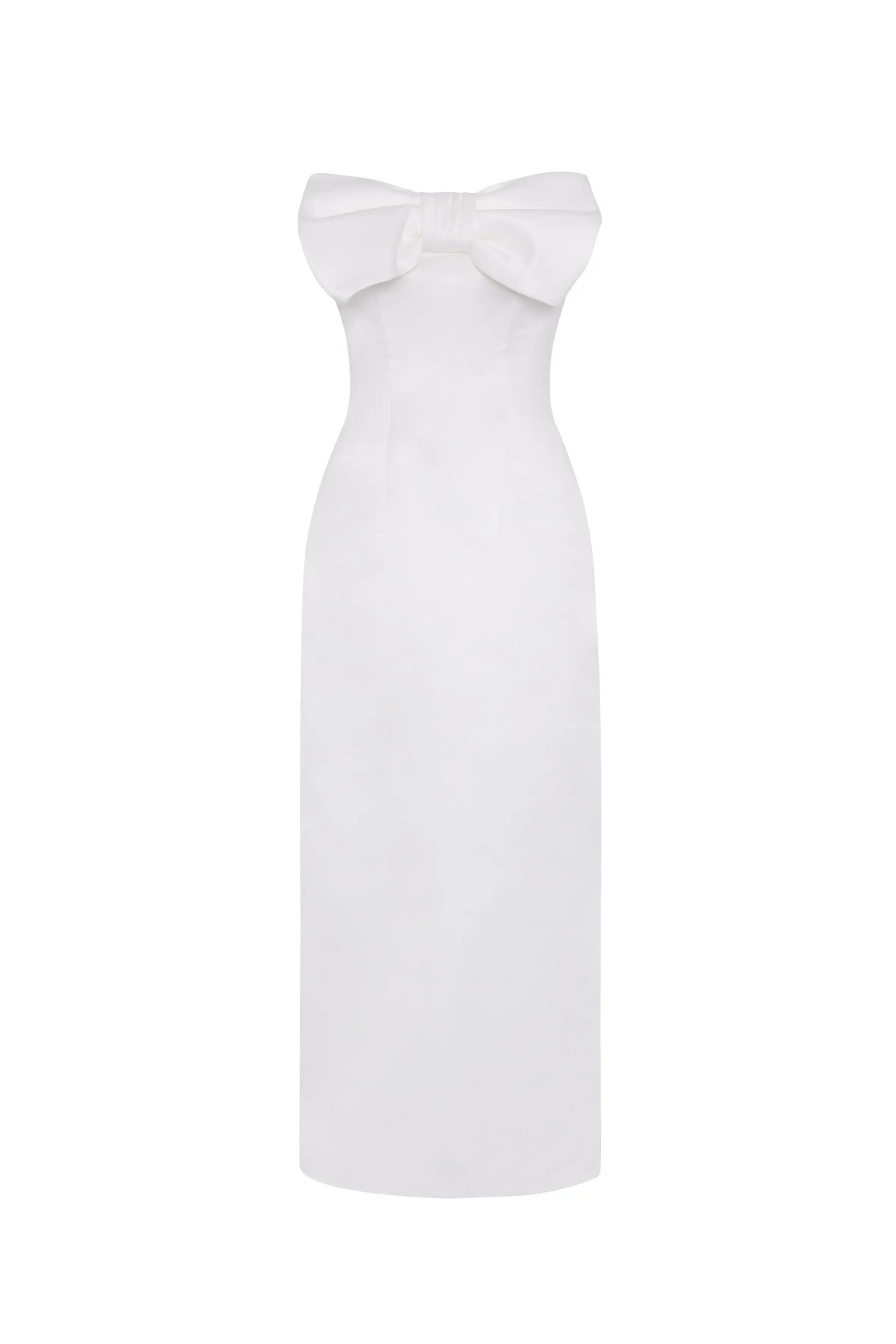 The Ivy Bridal Dress in Ivory by TH&TH is a sleeveless, floor-length column dress with a fitted silhouette and a large, elegant bow accent at the strapless neckline.