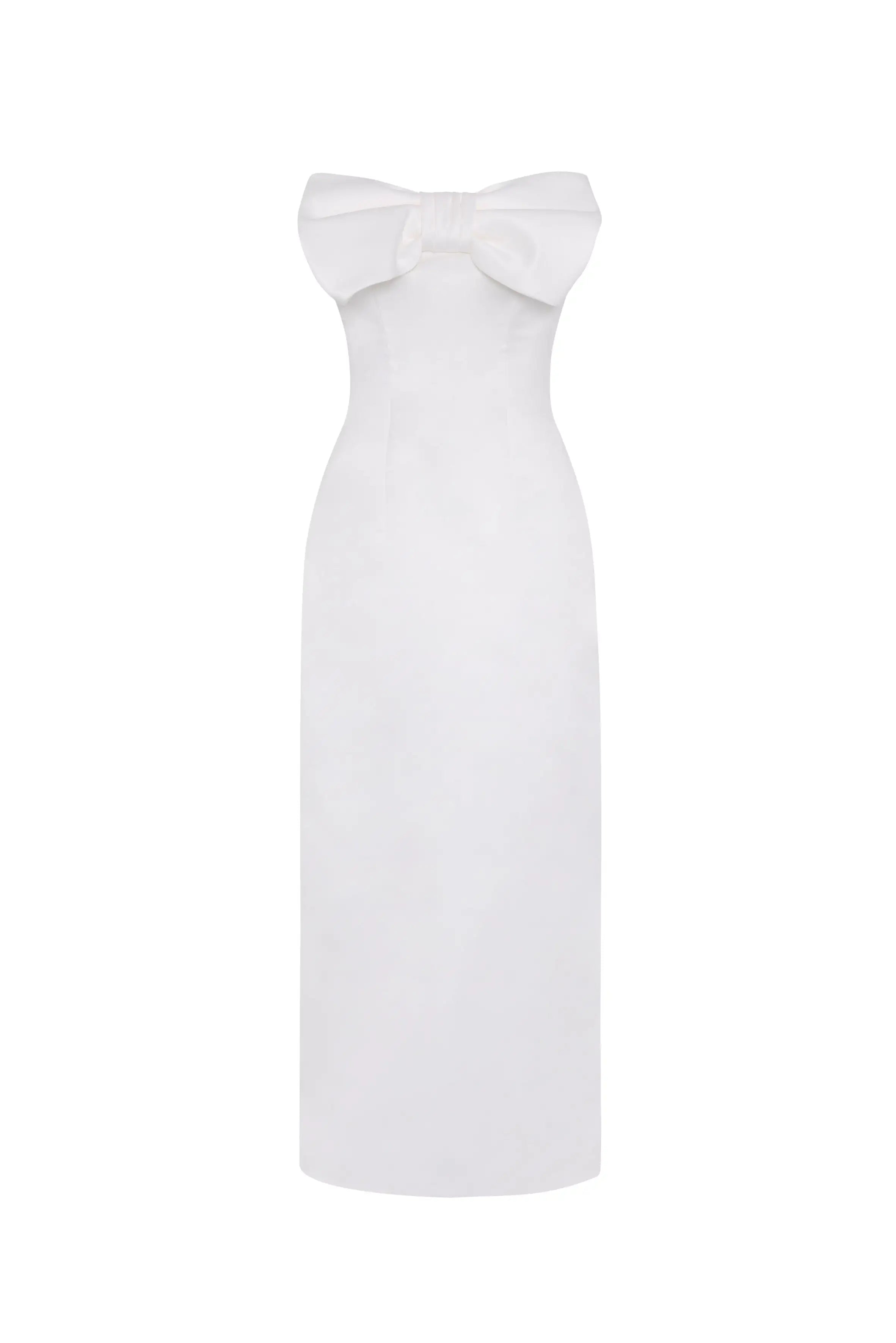 The Ivy Bridal Dress in Ivory by TH&TH is a sleeveless, floor-length column dress with a fitted silhouette and a large, elegant bow accent at the strapless neckline.