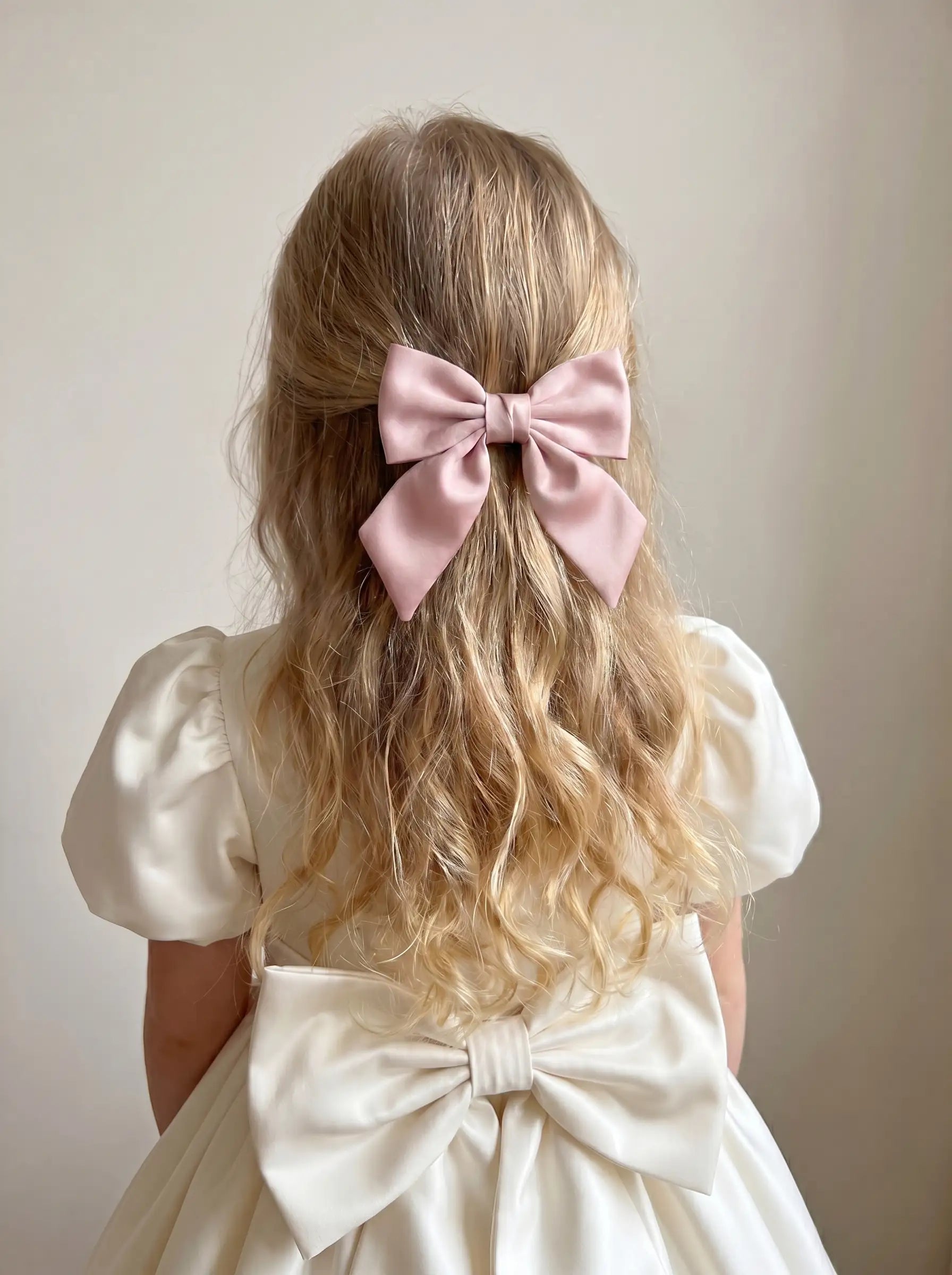 Child wearing a white dress with a large bow and a pink hair bow against a plain background