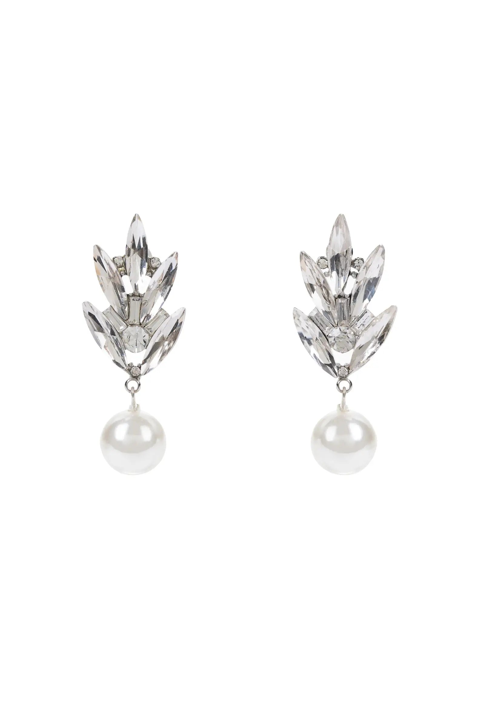 The Laurel Crystal Drop Earrings by TH&TH feature clusters of clear, marquise-shaped crystals in a floral design with a single round pearl drop—ideal as handmade bridal jewellery from the UK.