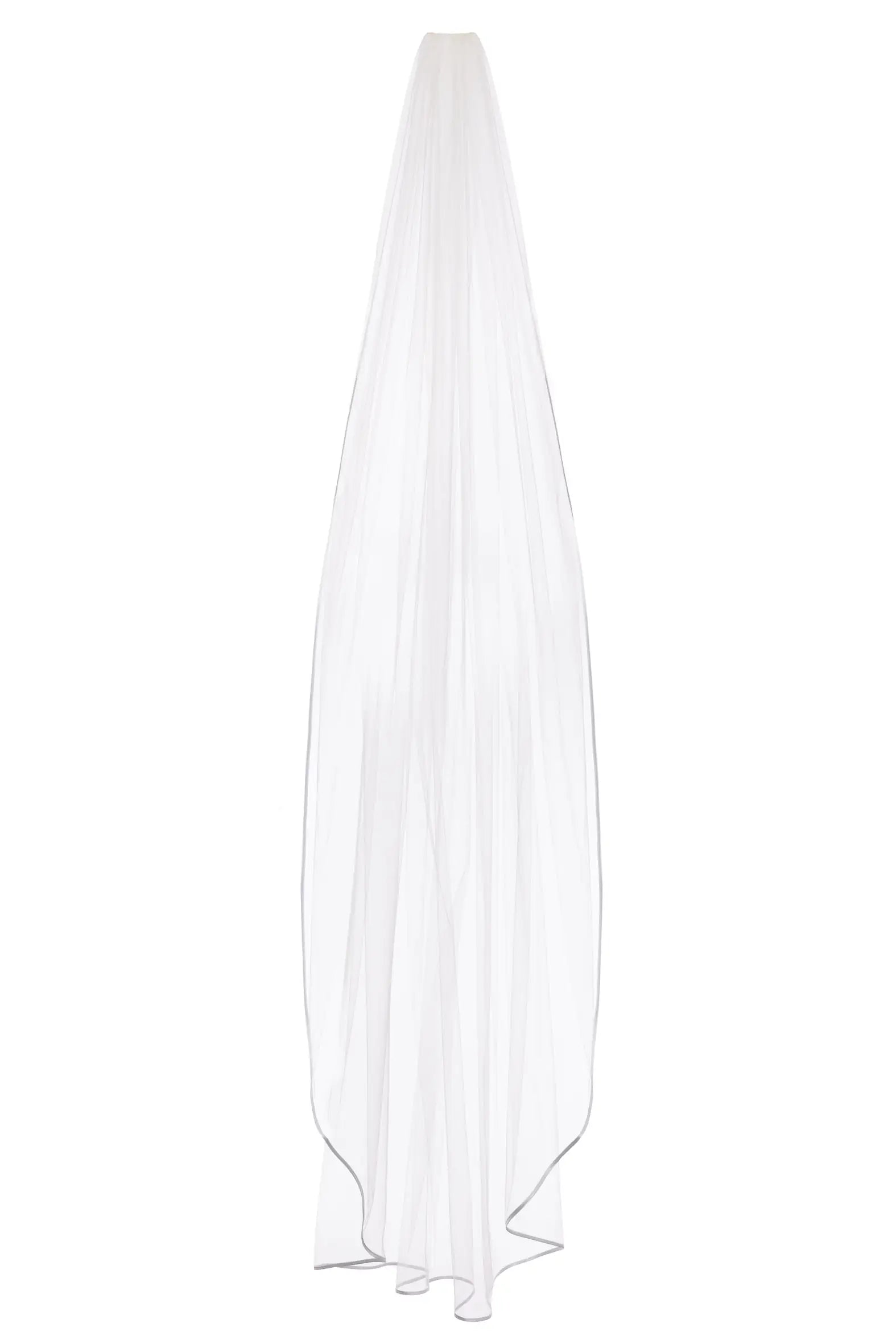 The Layla Satin Ribbon Edge Veil by TH&TH is a long, white sheer bridal veil with a subtle train and delicate satin ribbon edging, shown against a plain white background.