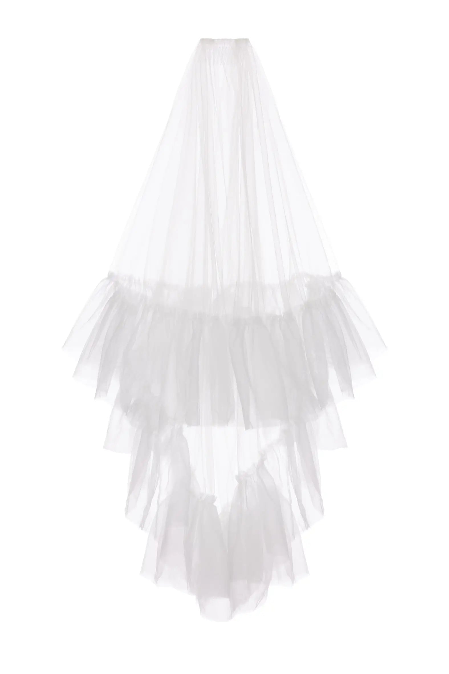 The Lola Ruffle Edge Veil by TH&TH is a white, double-tier tulle bridal veil with ruffled edges and a voluminous, romantic design, shown against a plain white background.