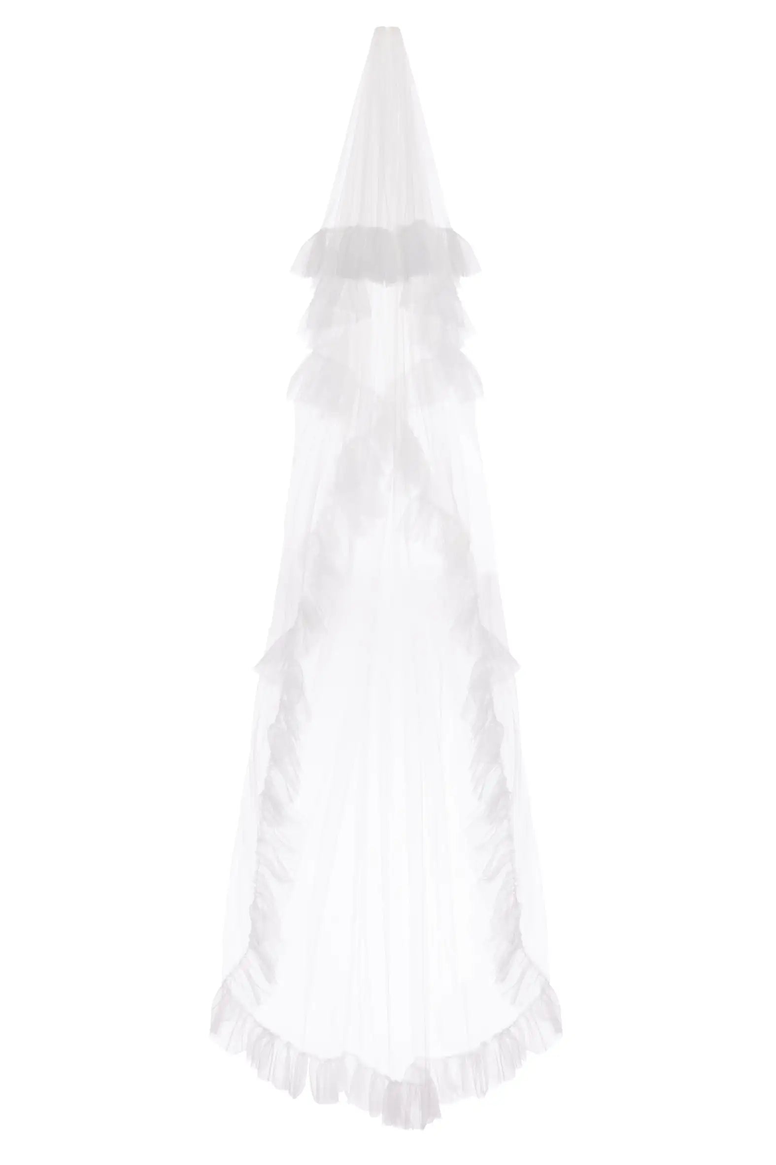 The Lola Ruffle Edge Veil by TH&TH is a white, sheer veil with ruffled edges, draping in a cone shape to create an airy and romantic ambiance.