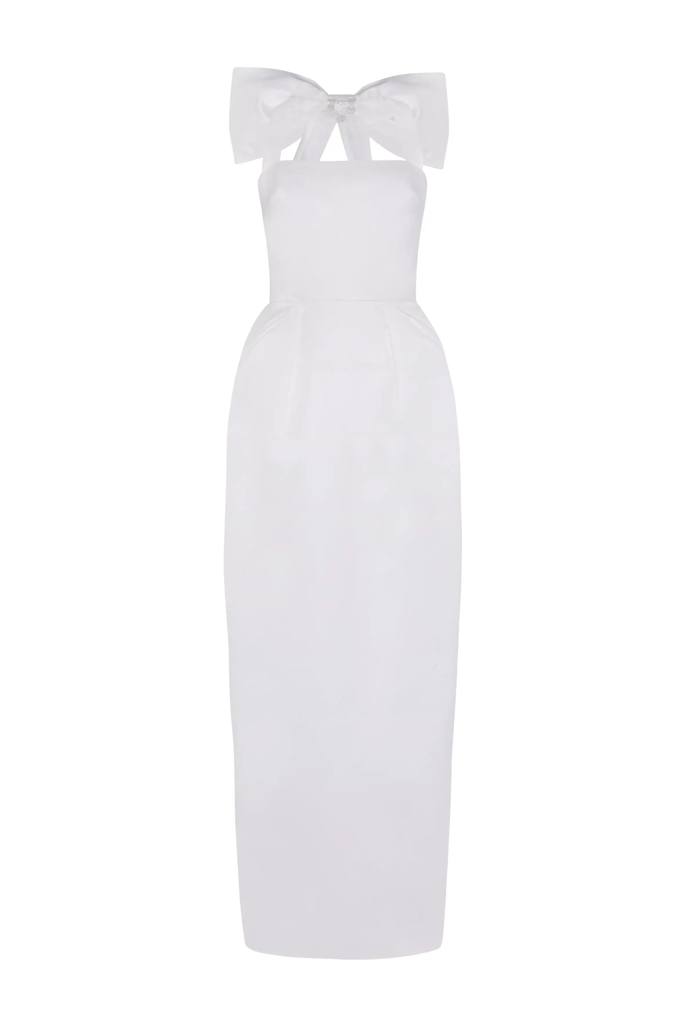 White dress with a large bow detail on a white background