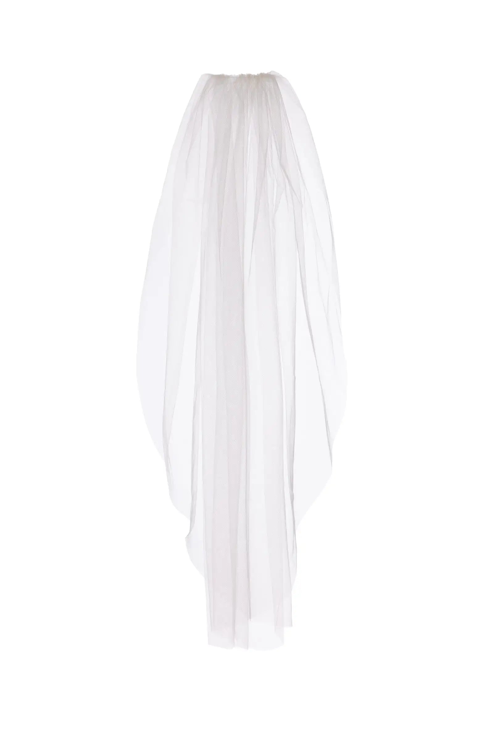 The TH&TH Lucia Plain Veil is a long, sheer single-tier bridal veil made from soft, flowing tulle, shown against a plain white background.