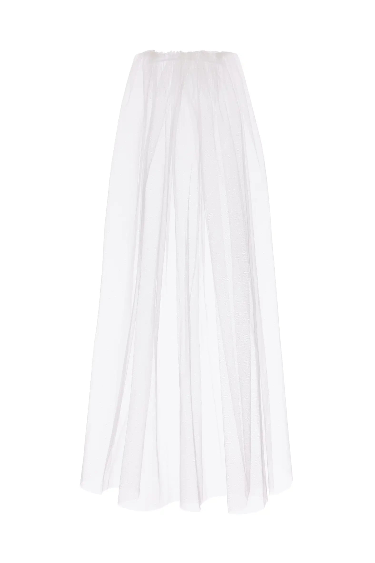 The Lucia Plain Veil by TH&TH features long, sheer white tulle with a gathered waistband, creating a semi-transparent, ethereal look reminiscent of a single-tier veil.
