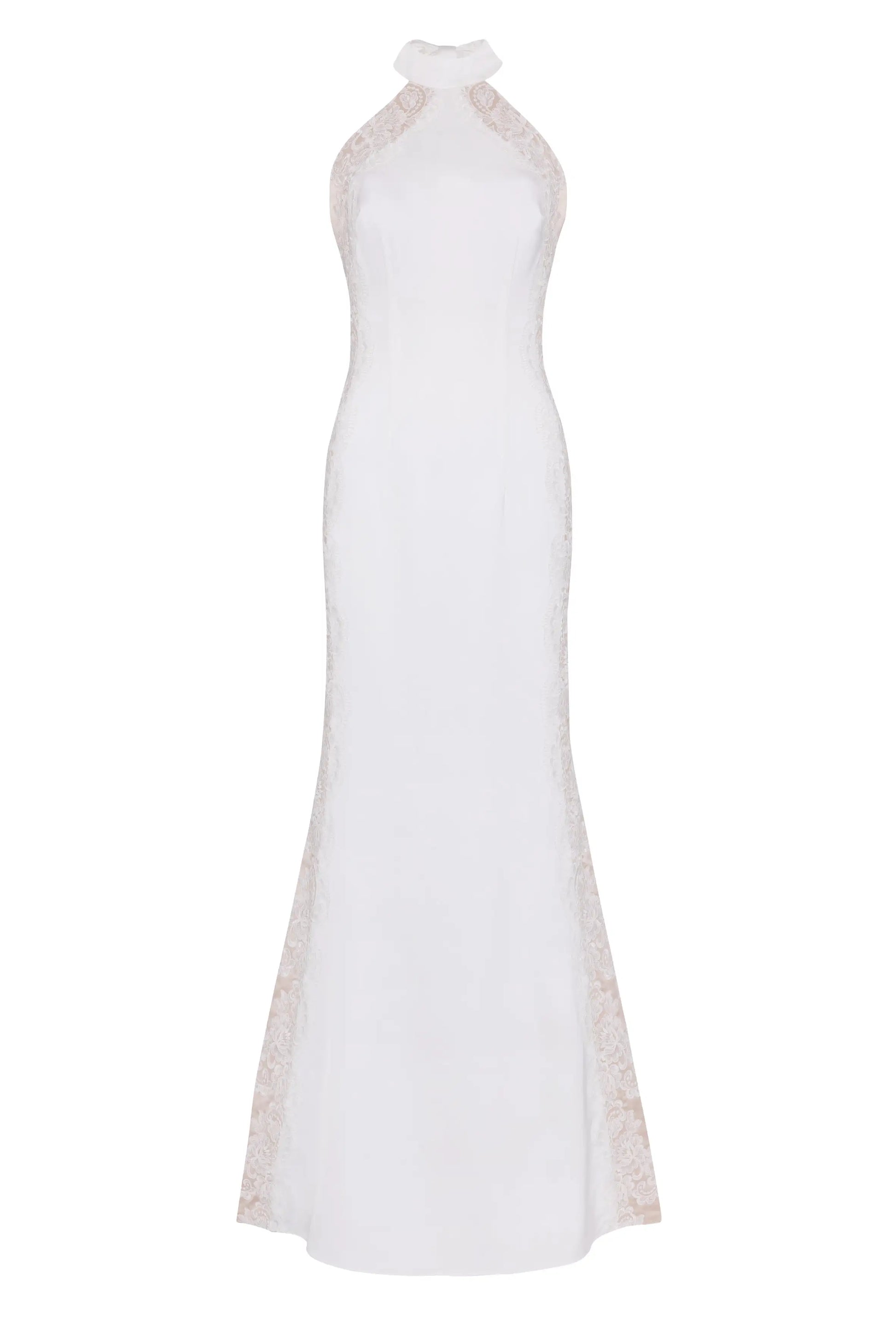 The Luisa Bridal Dress in Ivory by TH&TH is a long, sleeveless satin gown featuring a high halter neckline, lace side panels, and a fitted bodice that gently flares at the hem.