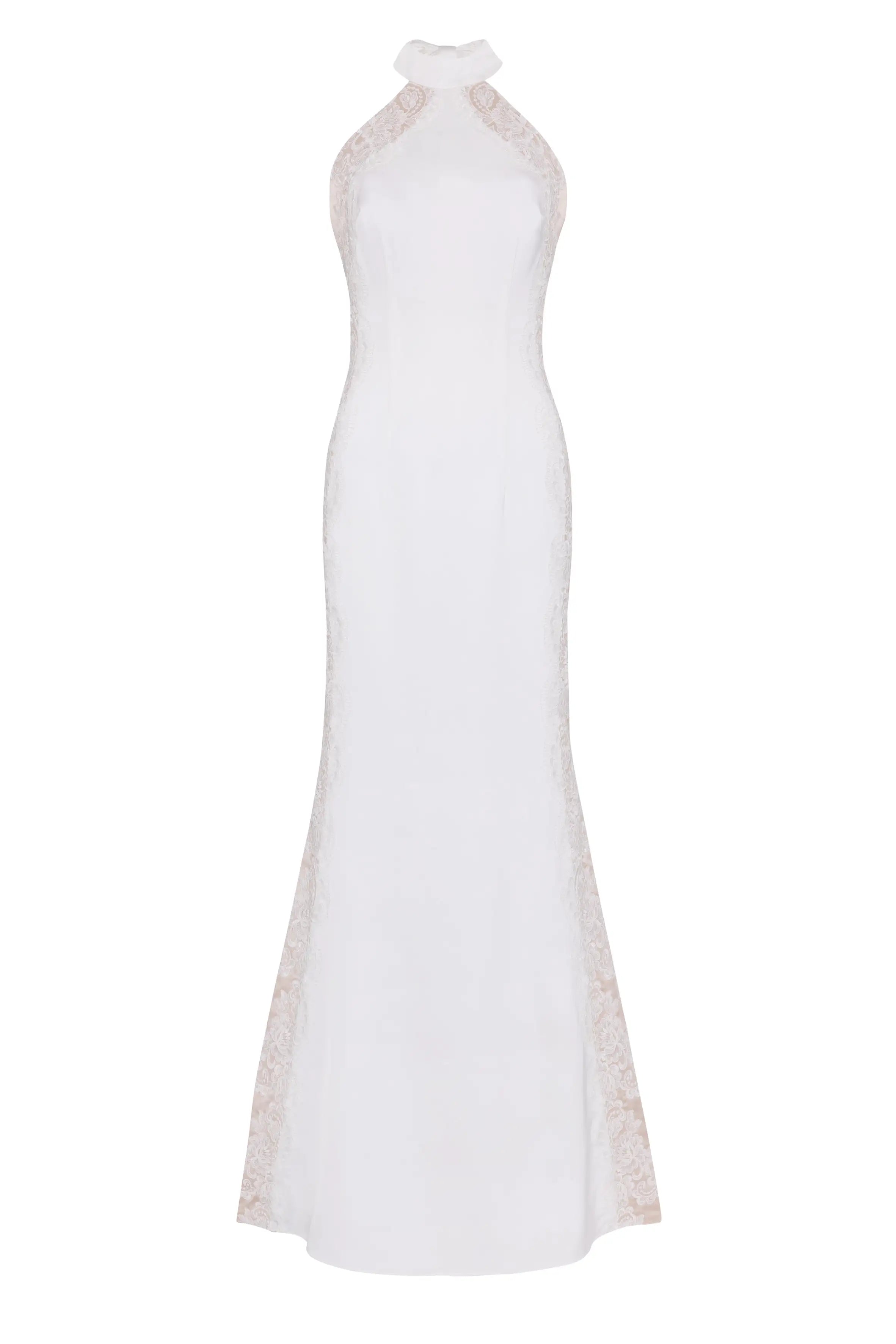 The Luisa Bridal Dress in Ivory by TH&TH is a long, sleeveless satin gown featuring a high halter neckline, lace side panels, and a fitted bodice that gently flares at the hem.