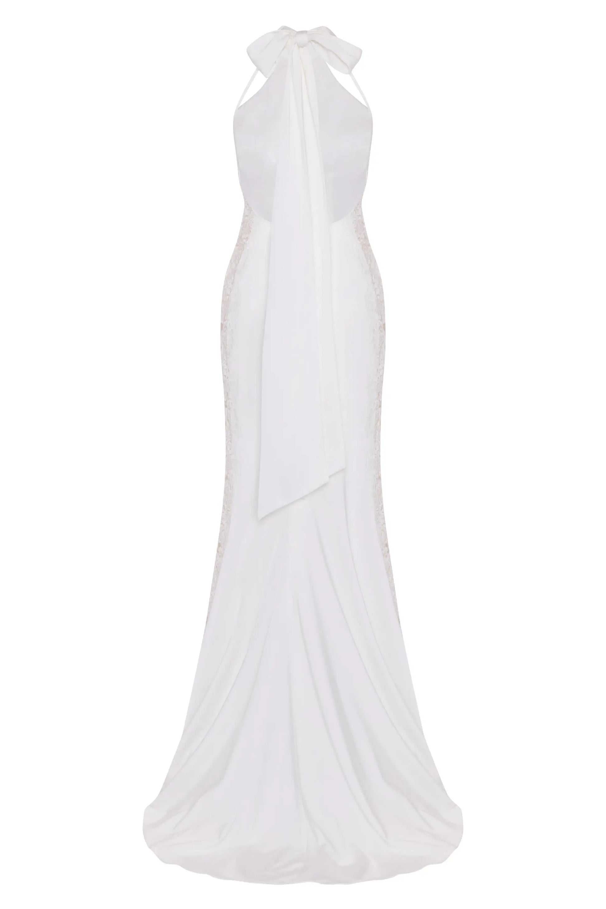 The Luisa Bridal Dress in Ivory by TH&TH features a halter neckline, flowing skirt, dramatic back bow, and a fitted silhouette with light side embellishments for an elegant bridal look.