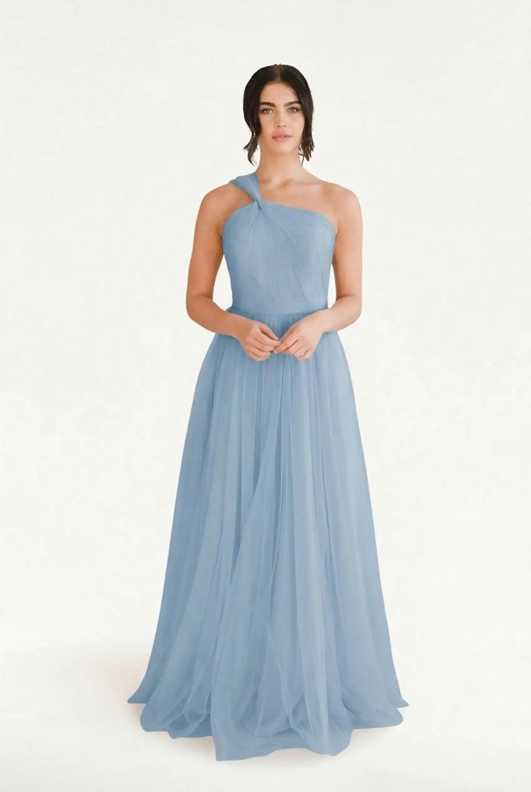 TH&TH Luna One Shoulder Bridesmaid Dress in Dusty Blue Tulle