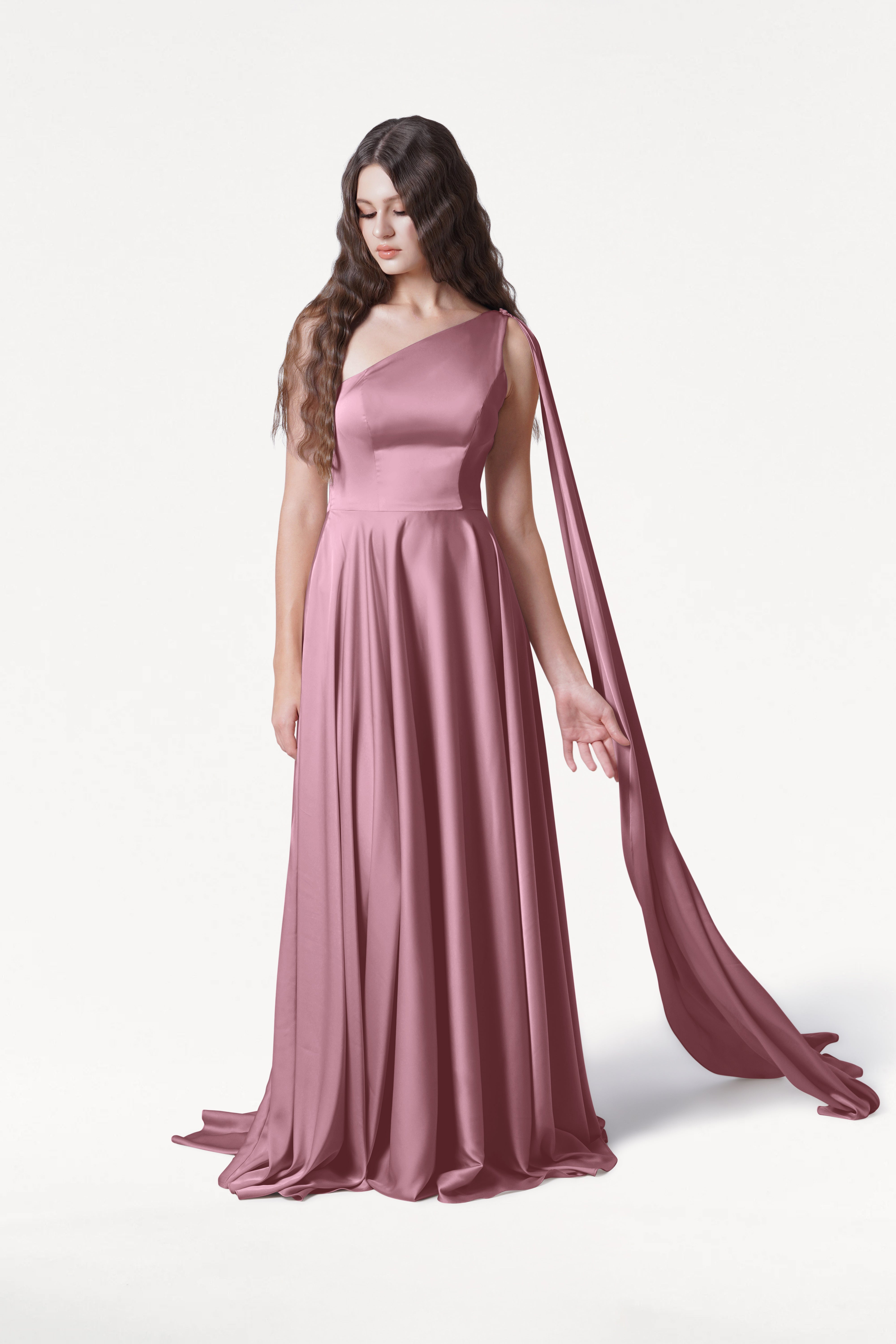Lyra Bridesmaid Dress in Rose Pink Satin
