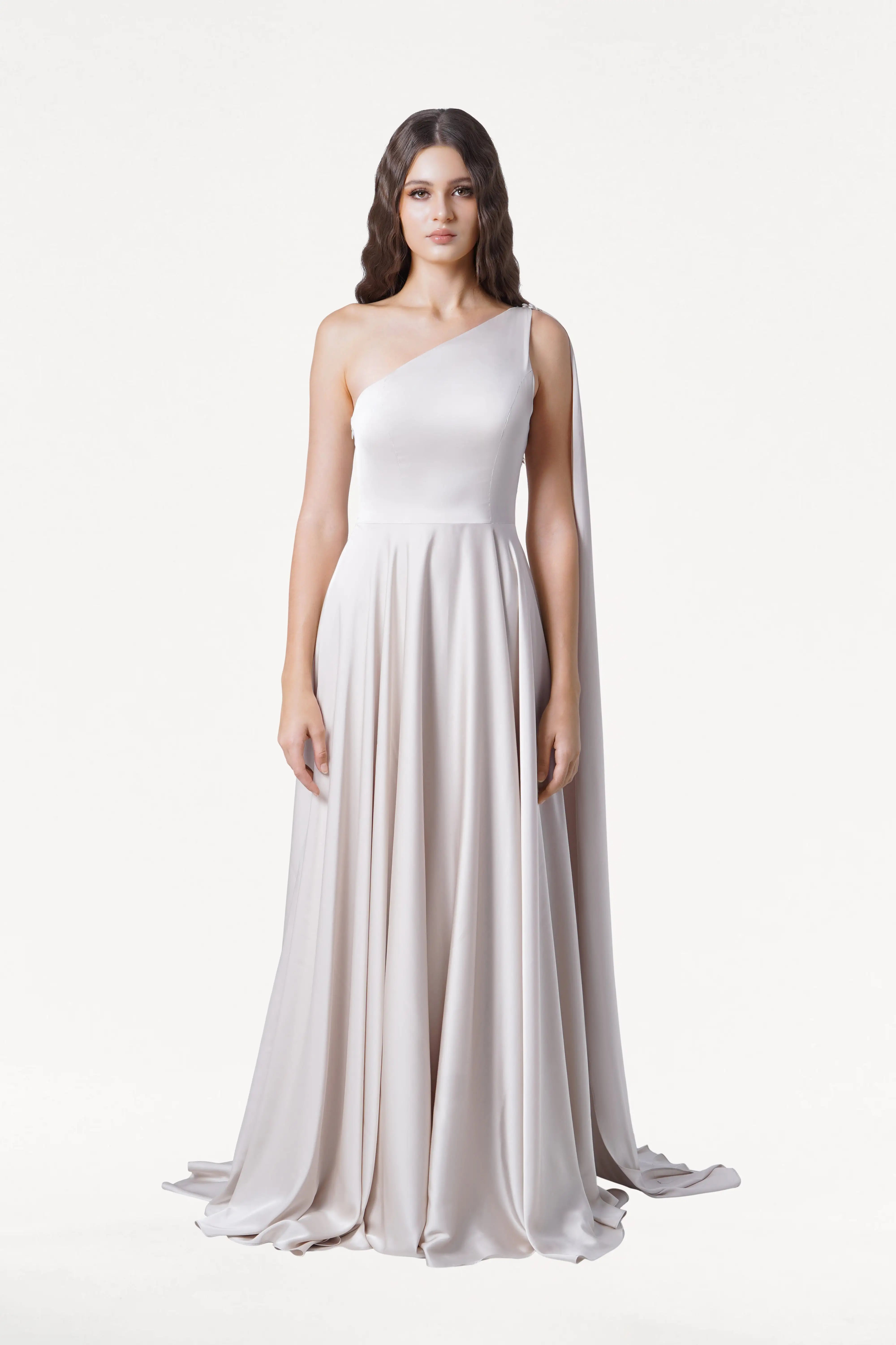 neutral bridesmaid dresses KissProm Off-the-Shoulder Satin Sheath Dress With Slit in Champagne, Neutral Champagne / 14 softly structured frame Neutral Bridesmaid Dresses | Champagne,