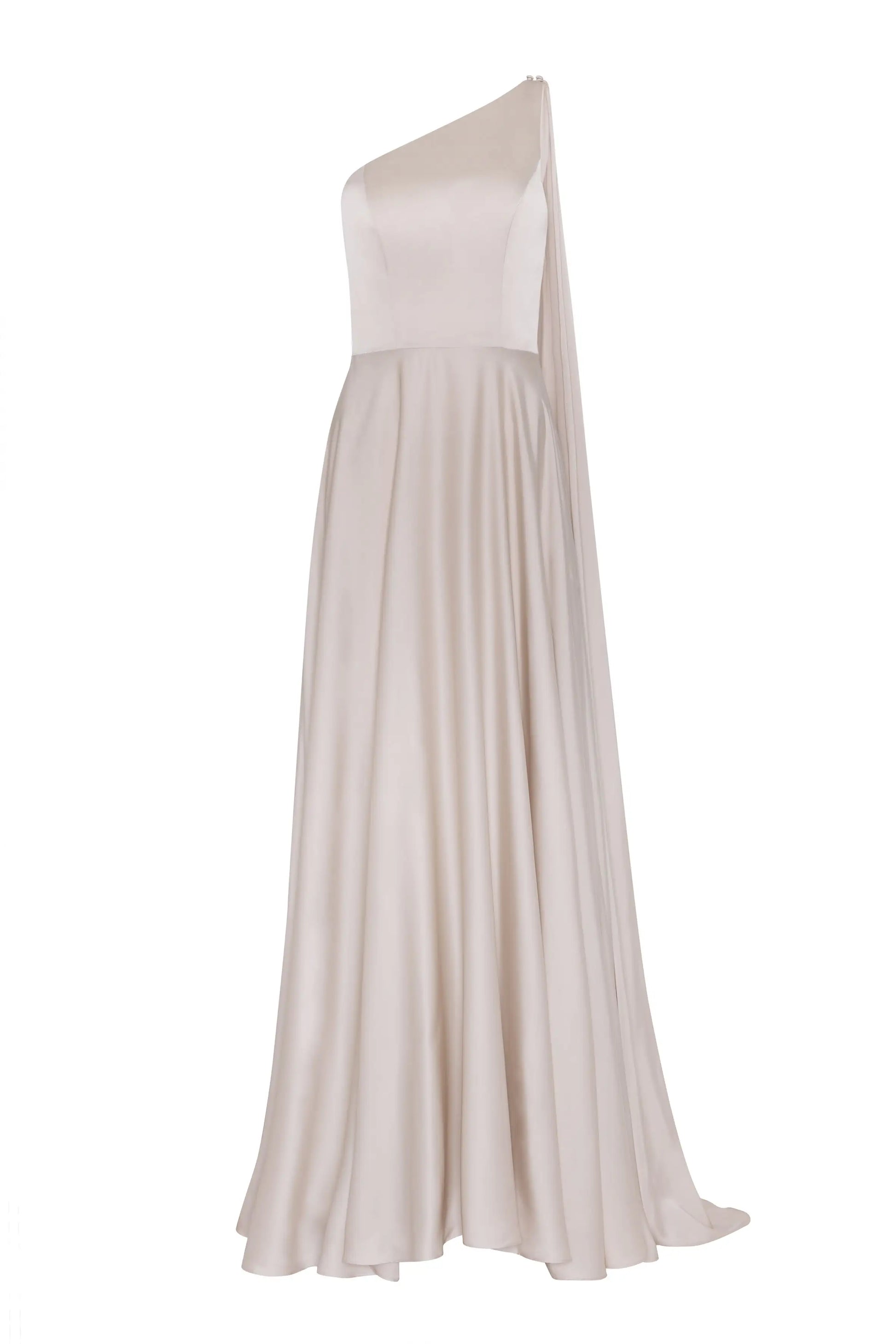 The Lyra Bridesmaid Dress in Oyster Satin by TH&TH features a floor-length design, asymmetrical one-shoulder neckline, draped flowing skirt, and is crafted to be beautifully size-inclusive.