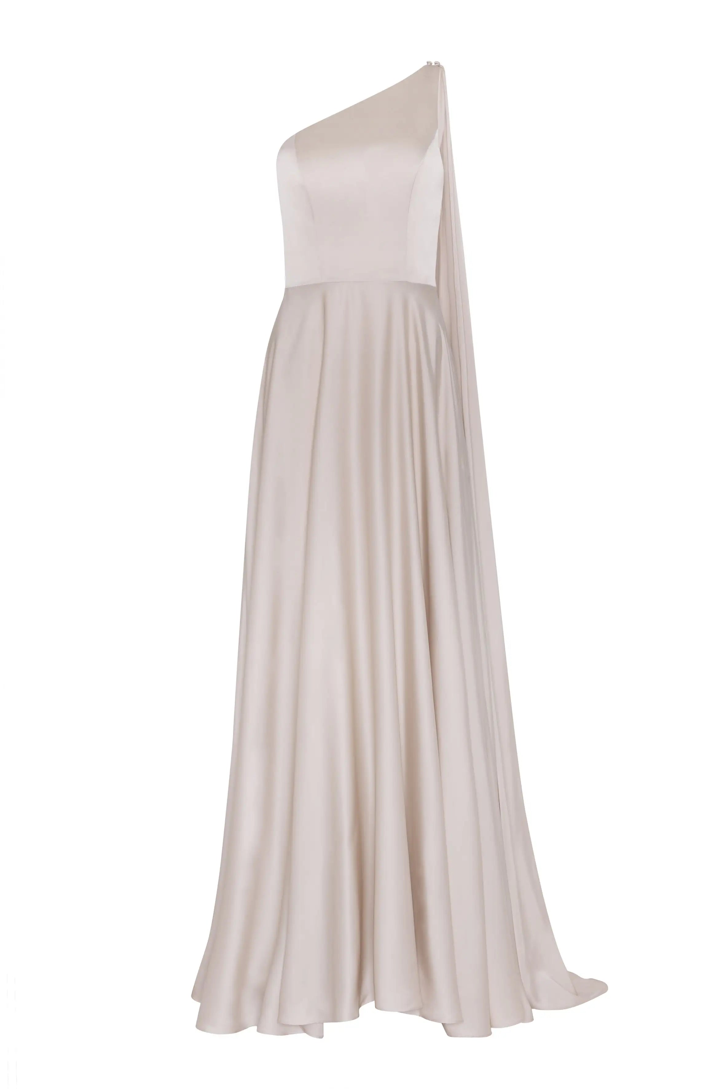 The Lyra Bridesmaid Dress in Oyster Satin by TH&TH features a floor-length design, asymmetrical one-shoulder neckline, draped flowing skirt, and is crafted to be beautifully size-inclusive.