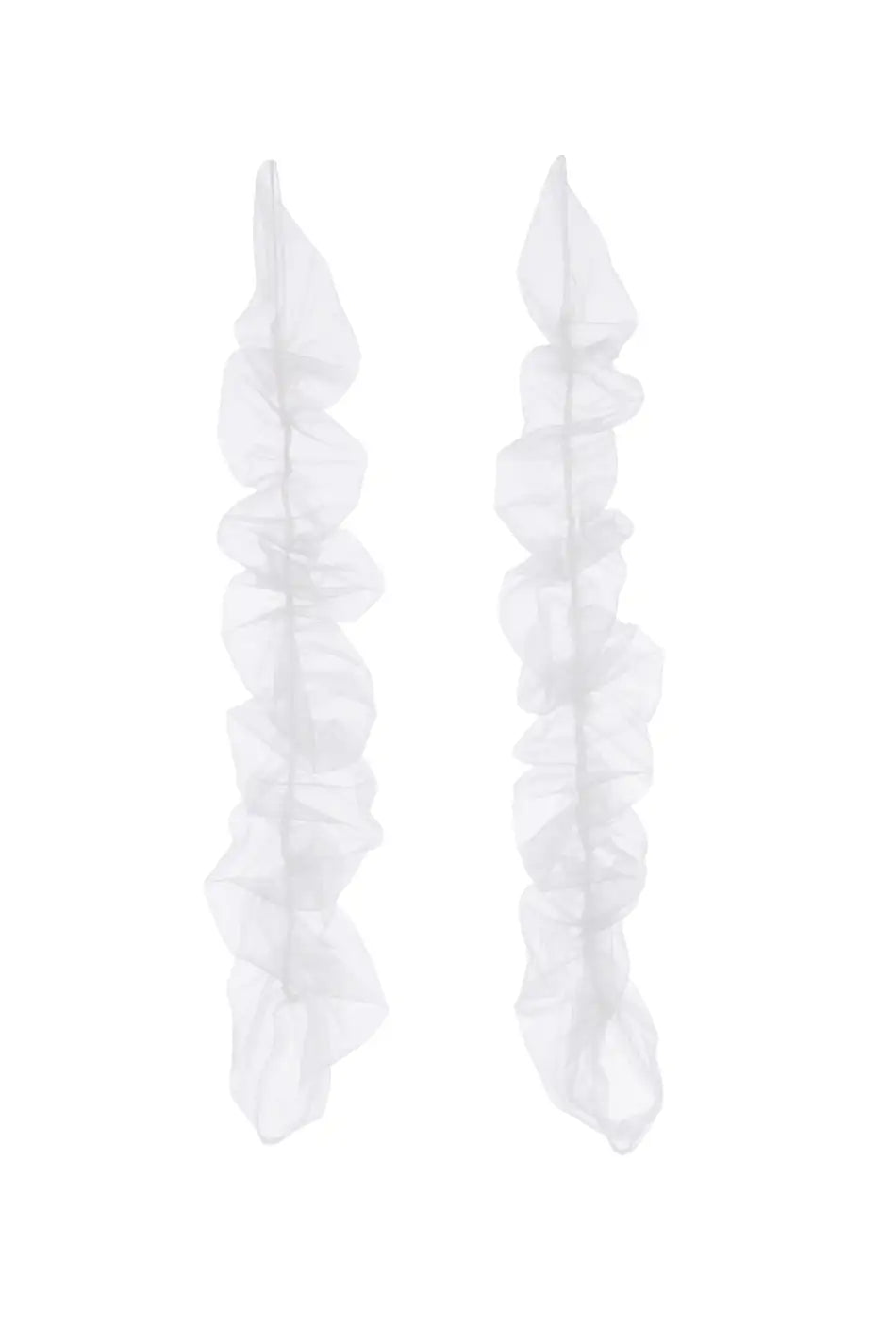 The Millie Ruched Tulle Opera Sleeves in Ivory by TH&TH feature vertical, translucent ruffled tulle for a delicate, romantic look—perfect as detachable bridal sleeves to add an ethereal touch to your wedding ensemble.