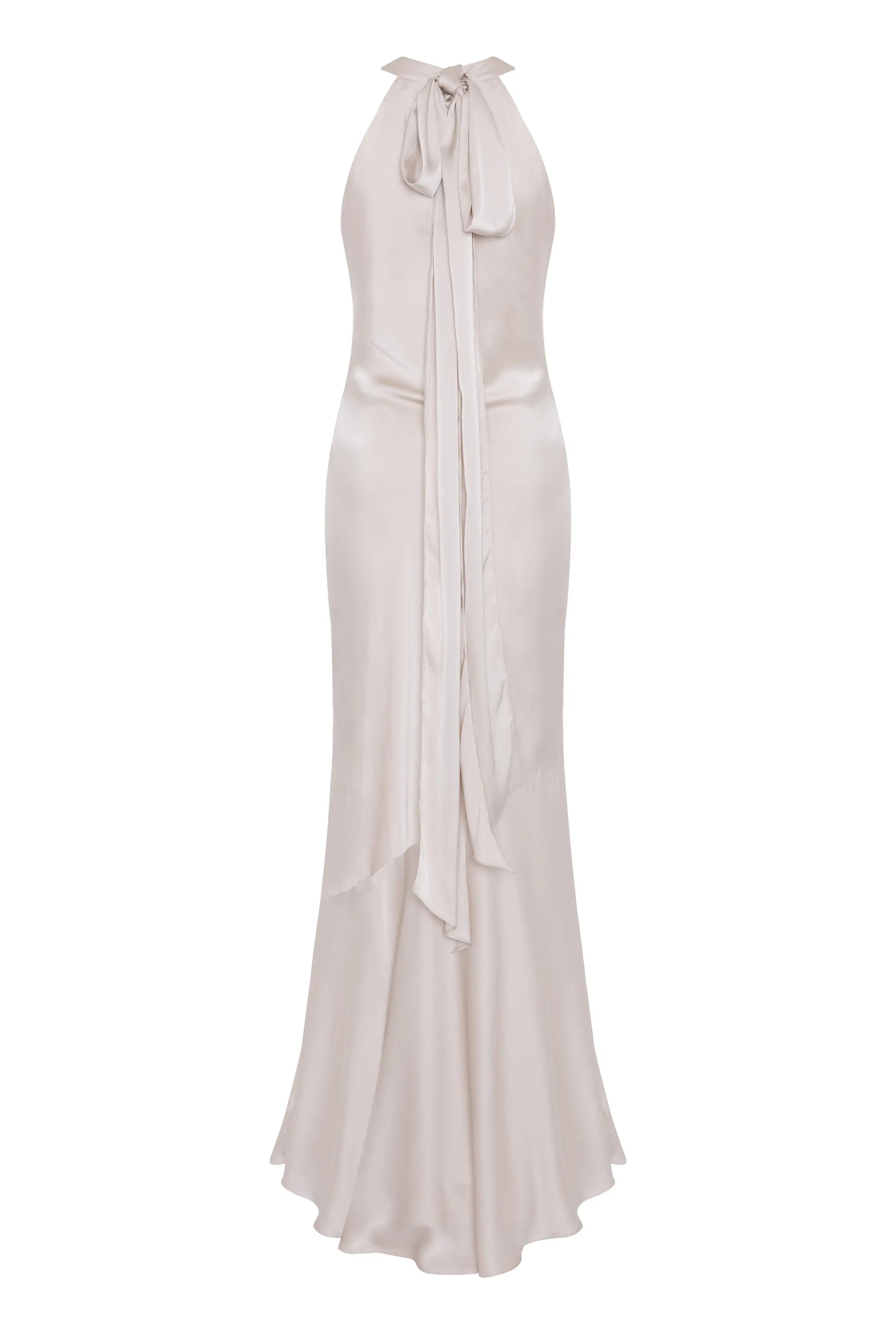The Mira Bridesmaid Dress in Oyster Satin by TH&TH features a halter neckline, bow tie detail, sleeveless fitted bodice, and a bias-cut, floor-length flared skirt—combining timeless elegance with modern sophistication.