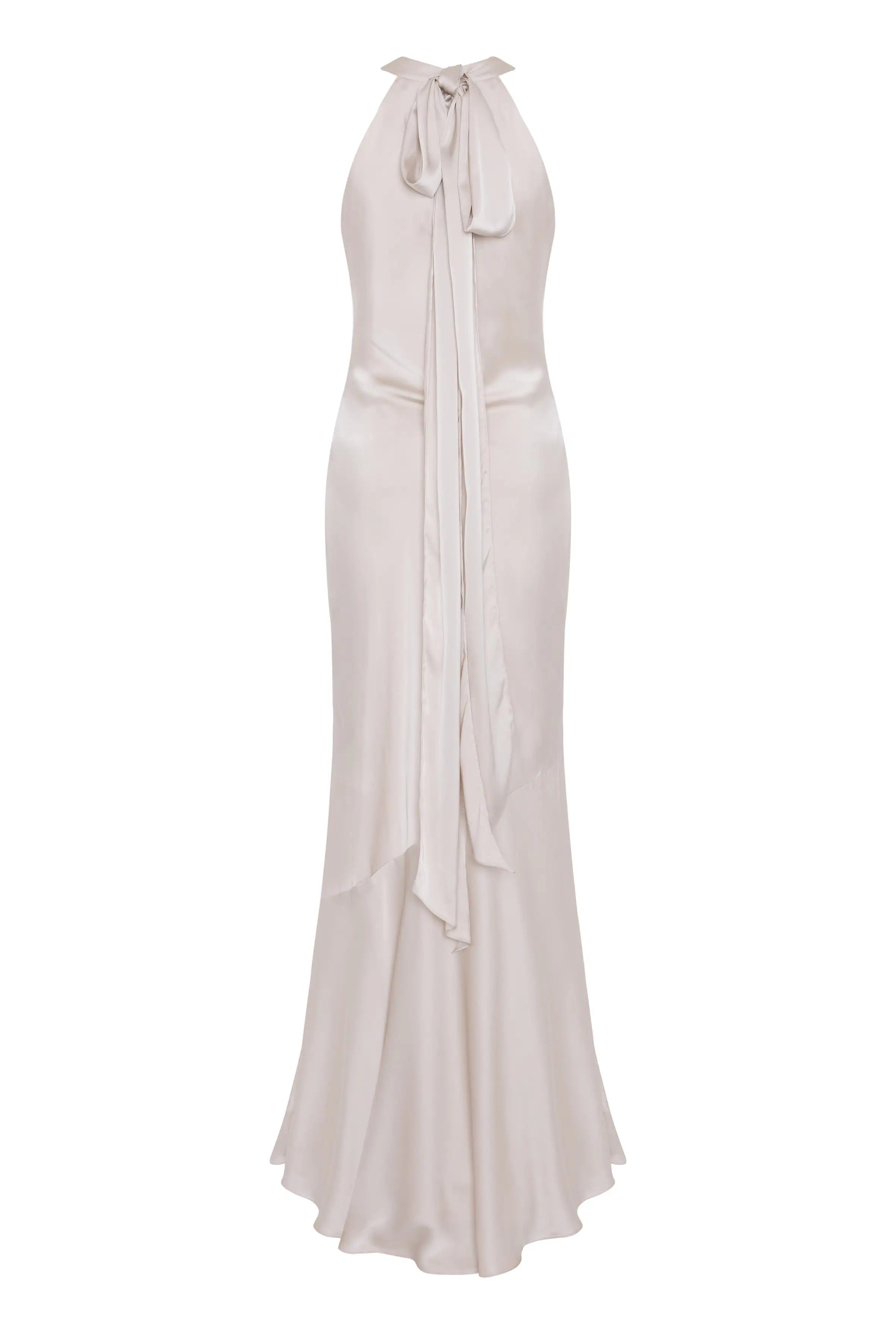 The Mira Bridesmaid Dress in Oyster Satin by TH&TH features a halter neckline, bow tie detail, sleeveless fitted bodice, and a bias-cut, floor-length flared skirt—combining timeless elegance with modern sophistication.