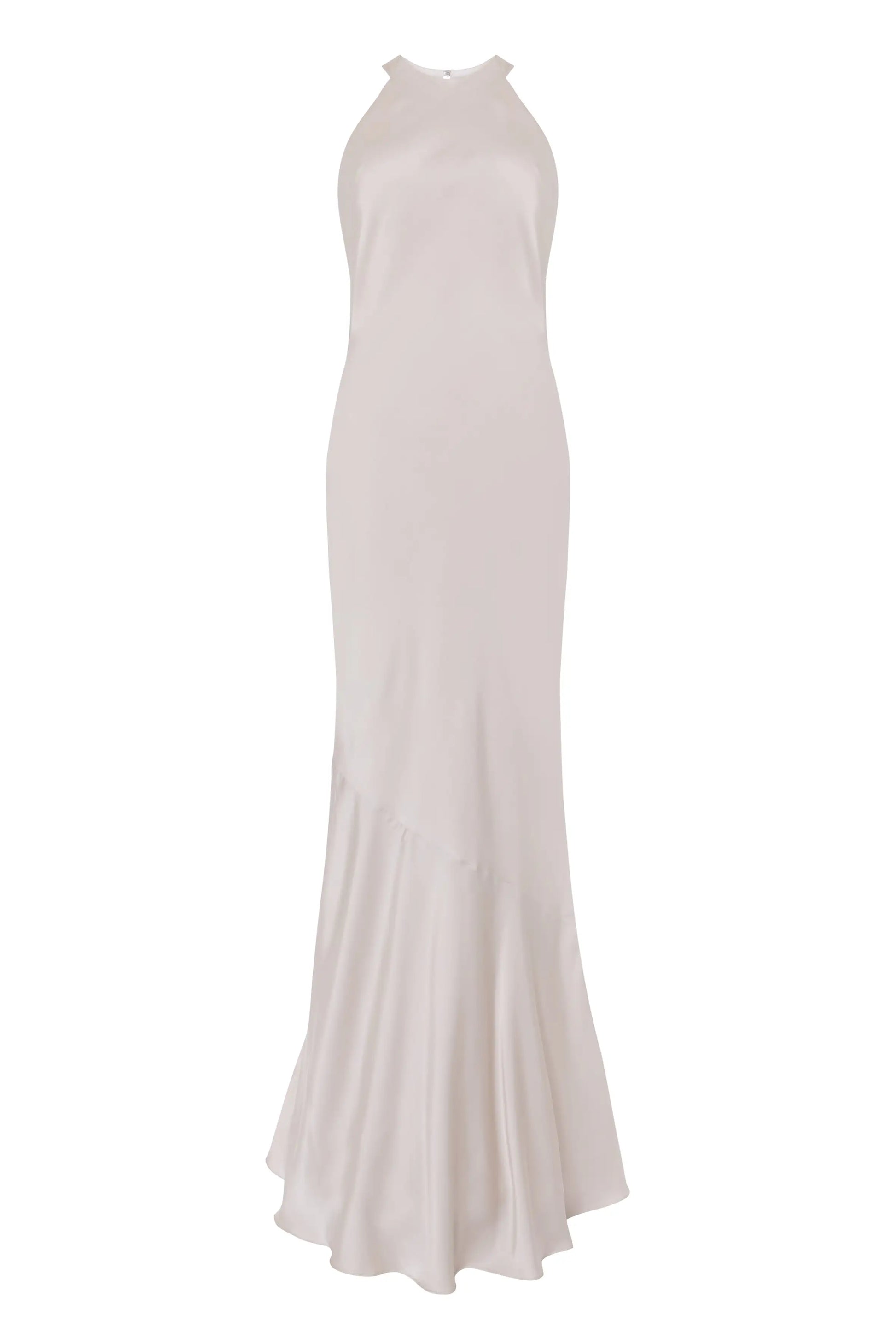 The Mira Bridesmaid Dress in Oyster Satin by TH&TH is a sleeveless, floor-length gown with a high neckline and flared asymmetrical hem, offering a smooth, elegant silhouette for timeless sophistication.