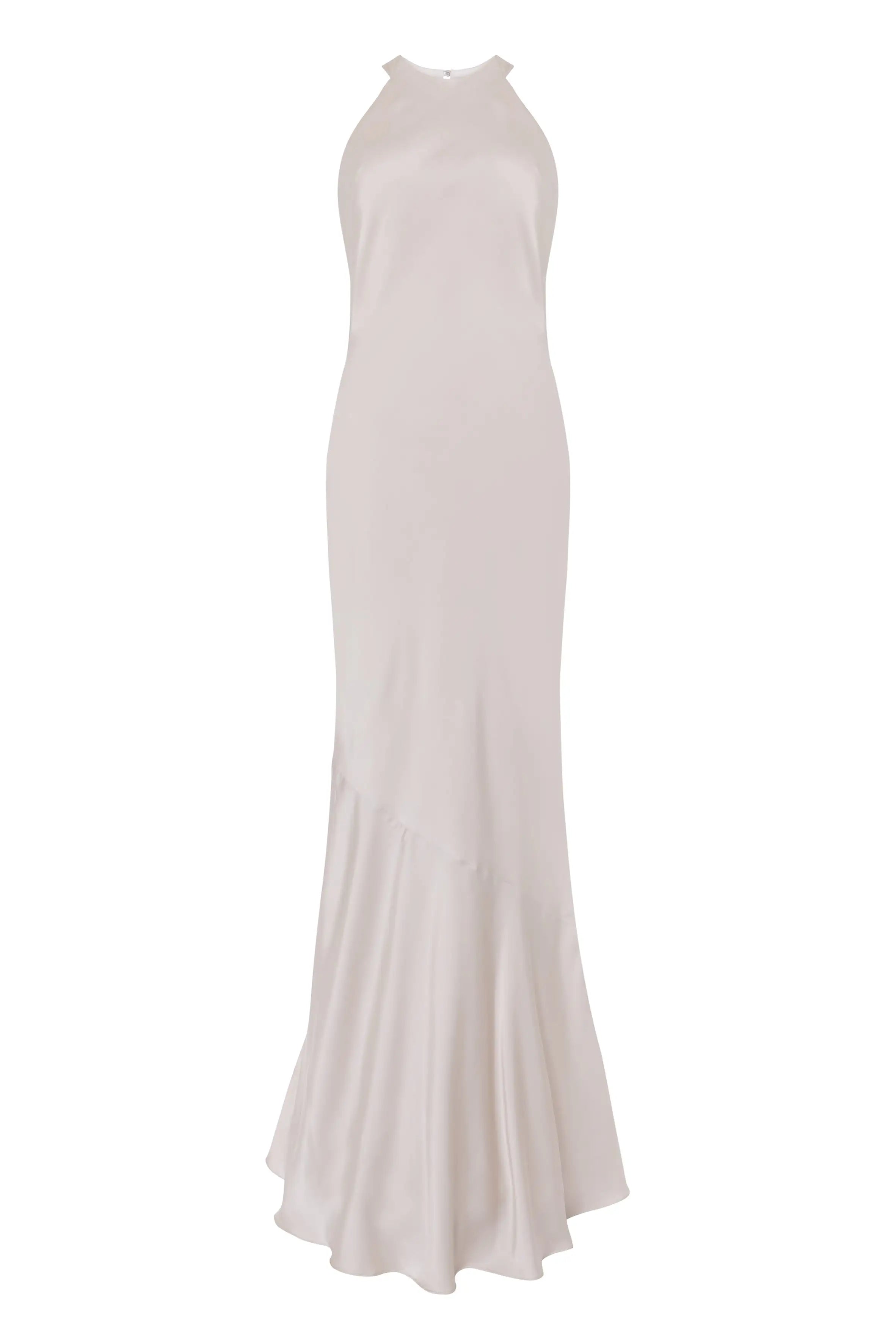 The Mira Bridesmaid Dress in Oyster Satin by TH&TH is a sleeveless, floor-length gown with a high neckline and flared asymmetrical hem, offering a smooth, elegant silhouette for timeless sophistication.