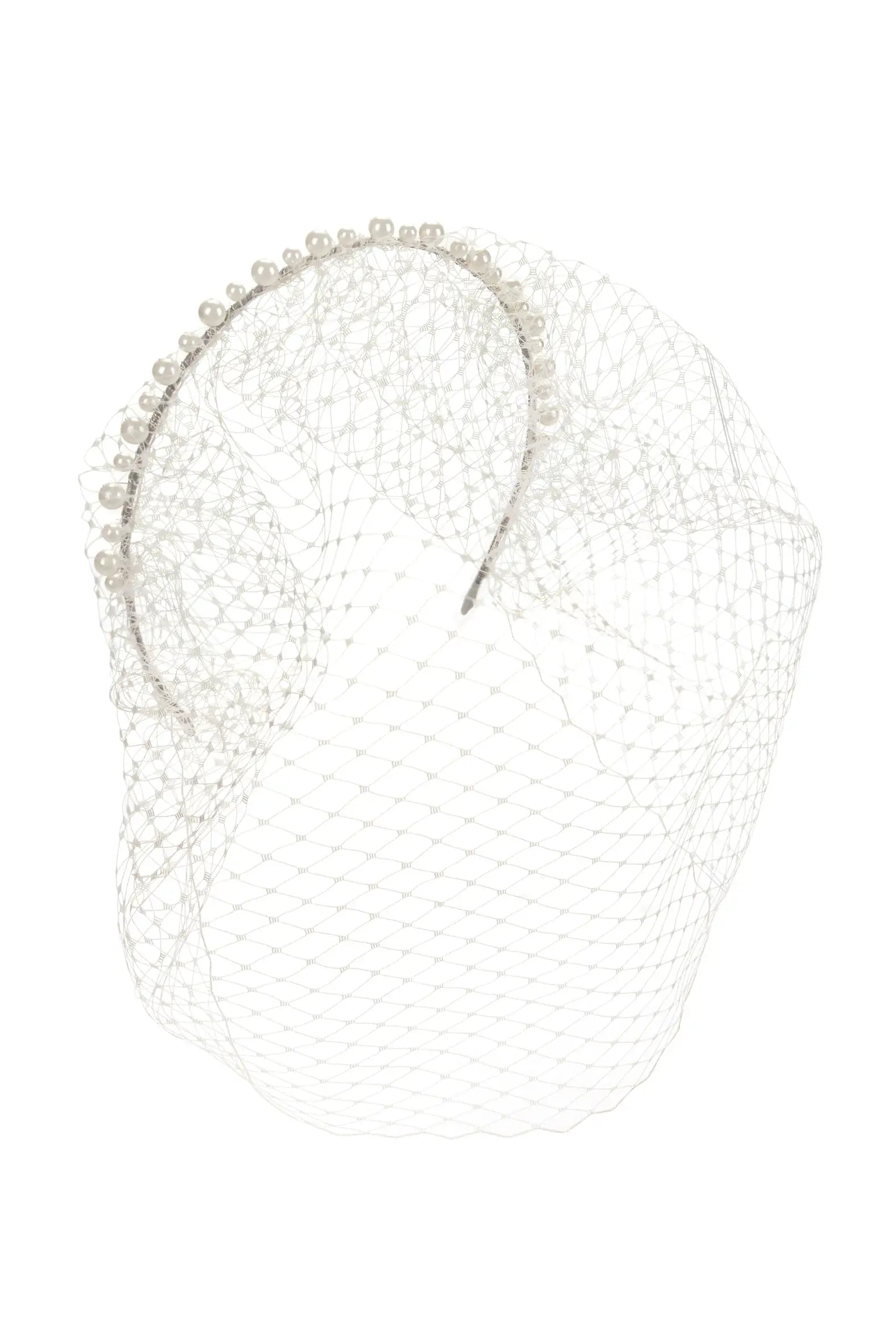The Moreau Headband with Birdcage by TH&TH is a silver pearl accessory, featuring small pearls and an attached fine white birdcage veil for a classic, vintage-inspired look.