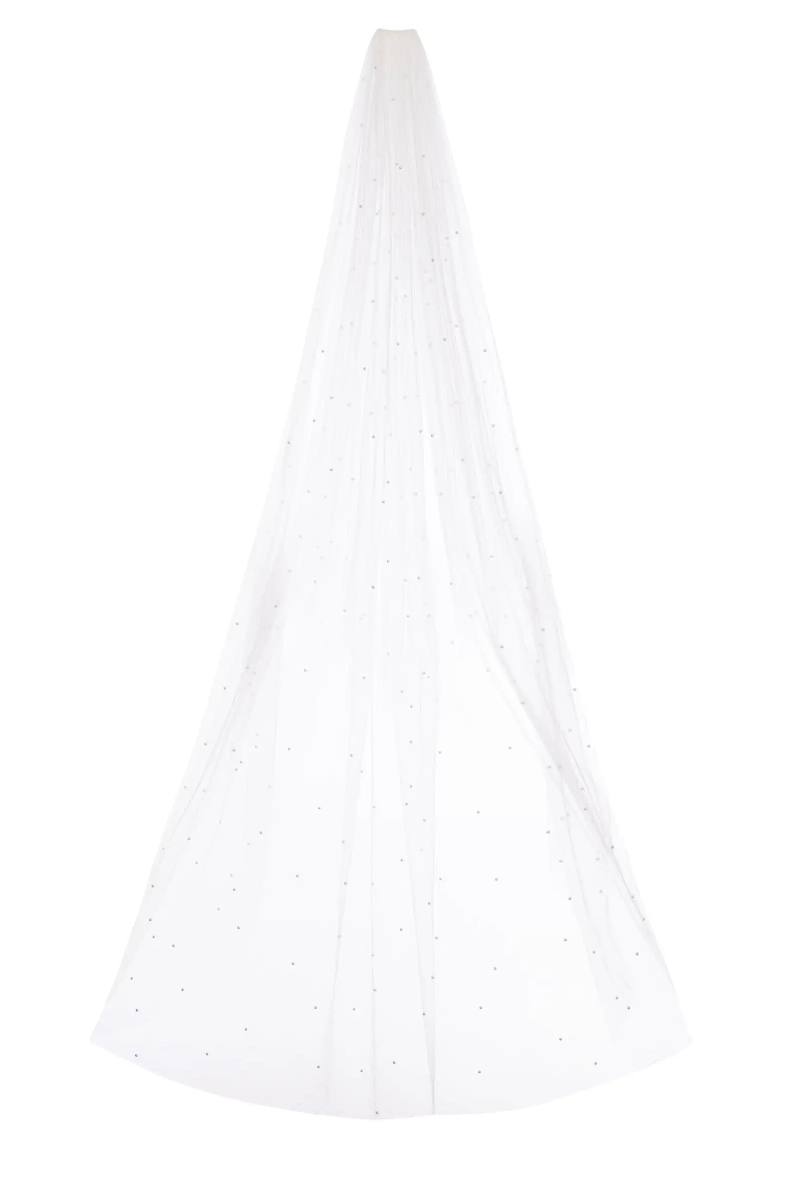 The Muse Pearl Scatter Veil by TH&TH is a long, sheer white bridal veil featuring a gentle curve and delicate pearl accents scattered throughout the fabric for an elegant touch.
