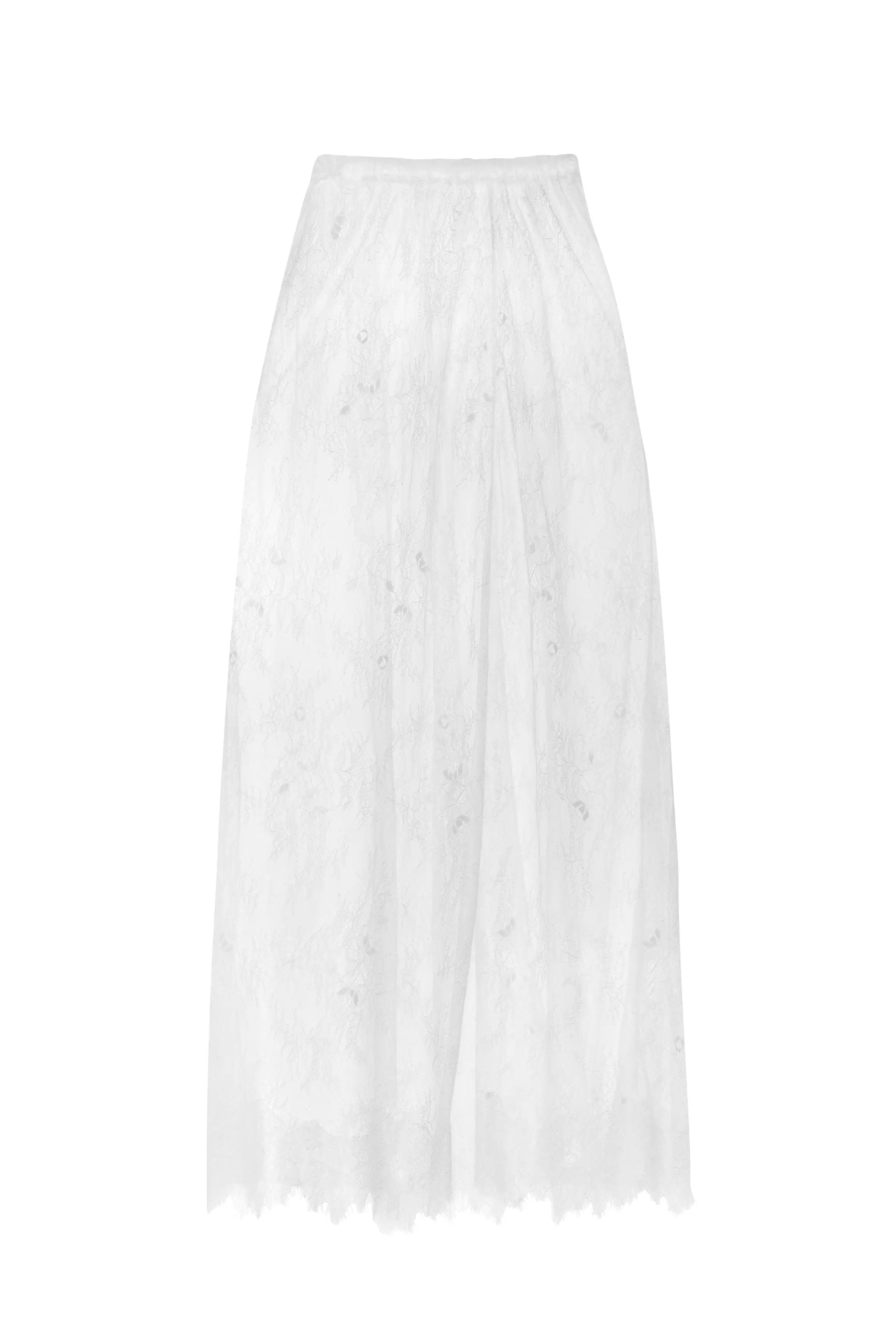 The Nicholl Bridal Skirt by TH&TH is an ivory Chantilly lace skirt with a delicate floral pattern, elastic waistband, ankle-length flared silhouette, and scalloped hem—a beautiful size-inclusive bridal piece.