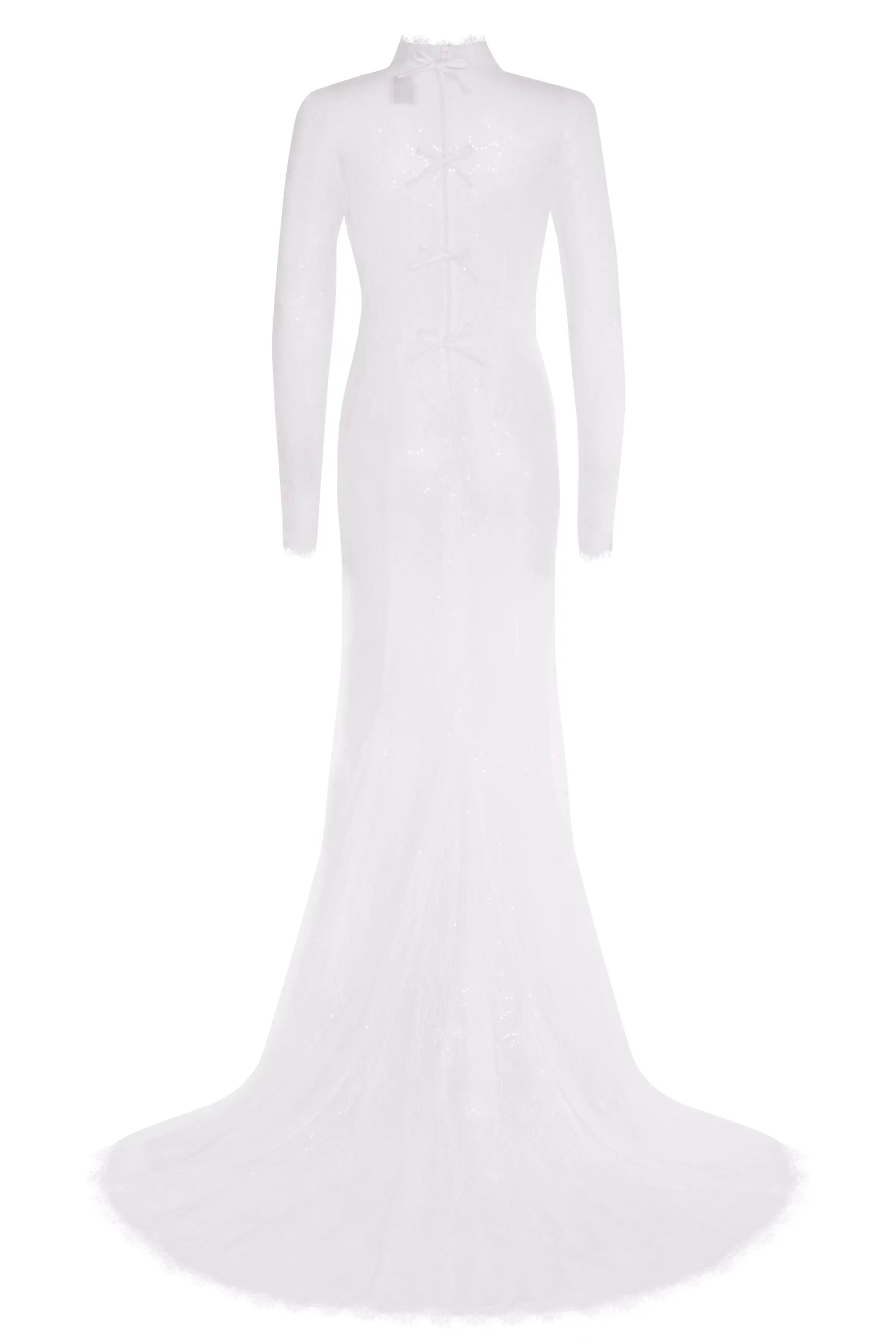 The TH&TH Nova Bridal Dress in Ivory Chantilly Lace features long sleeves, a floor-length design, fitted bodice, high neck, sheer lace overlay, trailing train, three back bows, and subtle shimmering fabric details.