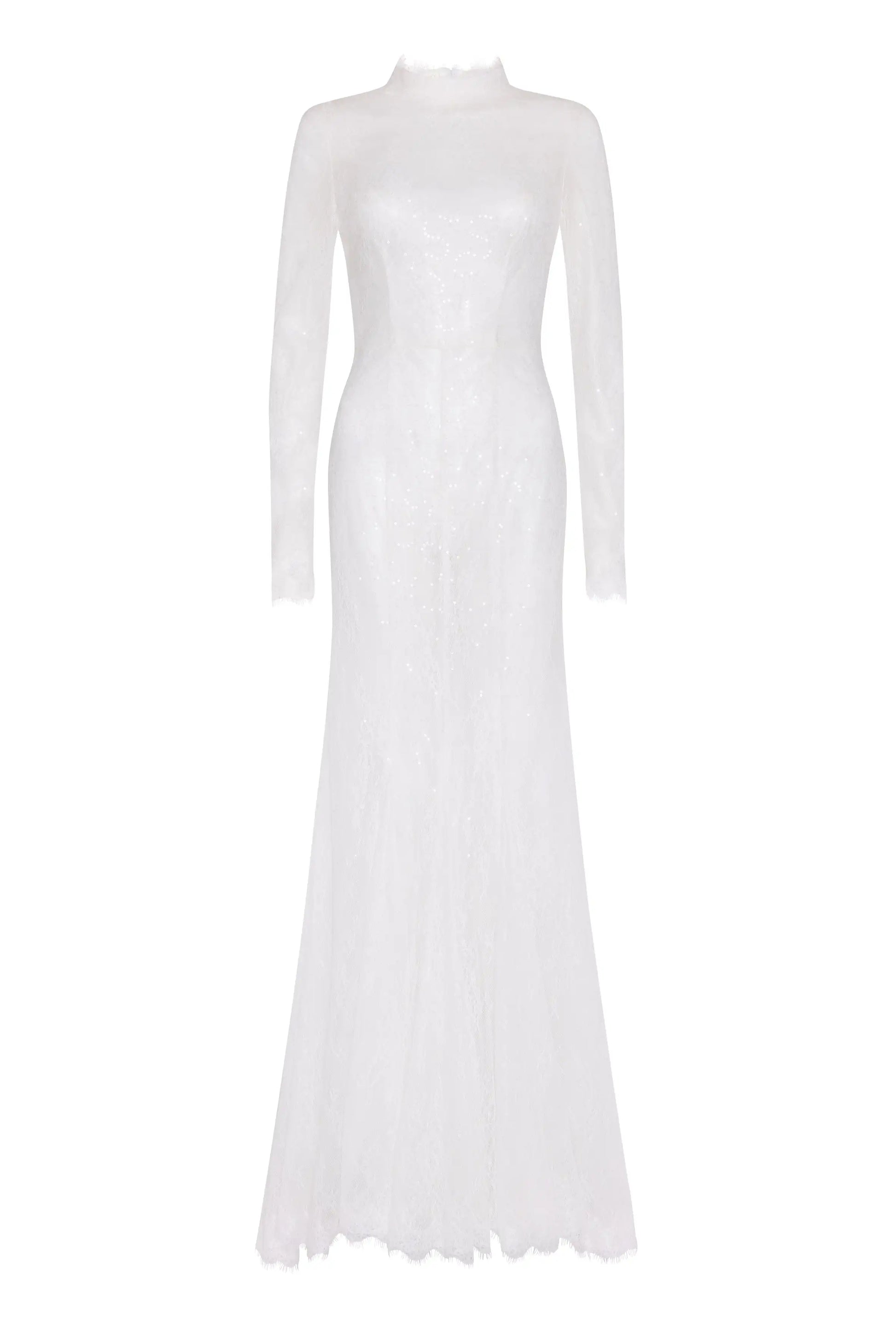 The Nova Bridal Dress in Ivory Chantilly Lace by TH&TH features long sleeves, a high neckline, subtle lace details, a fitted waist, and a floor-length gently flared hem.
