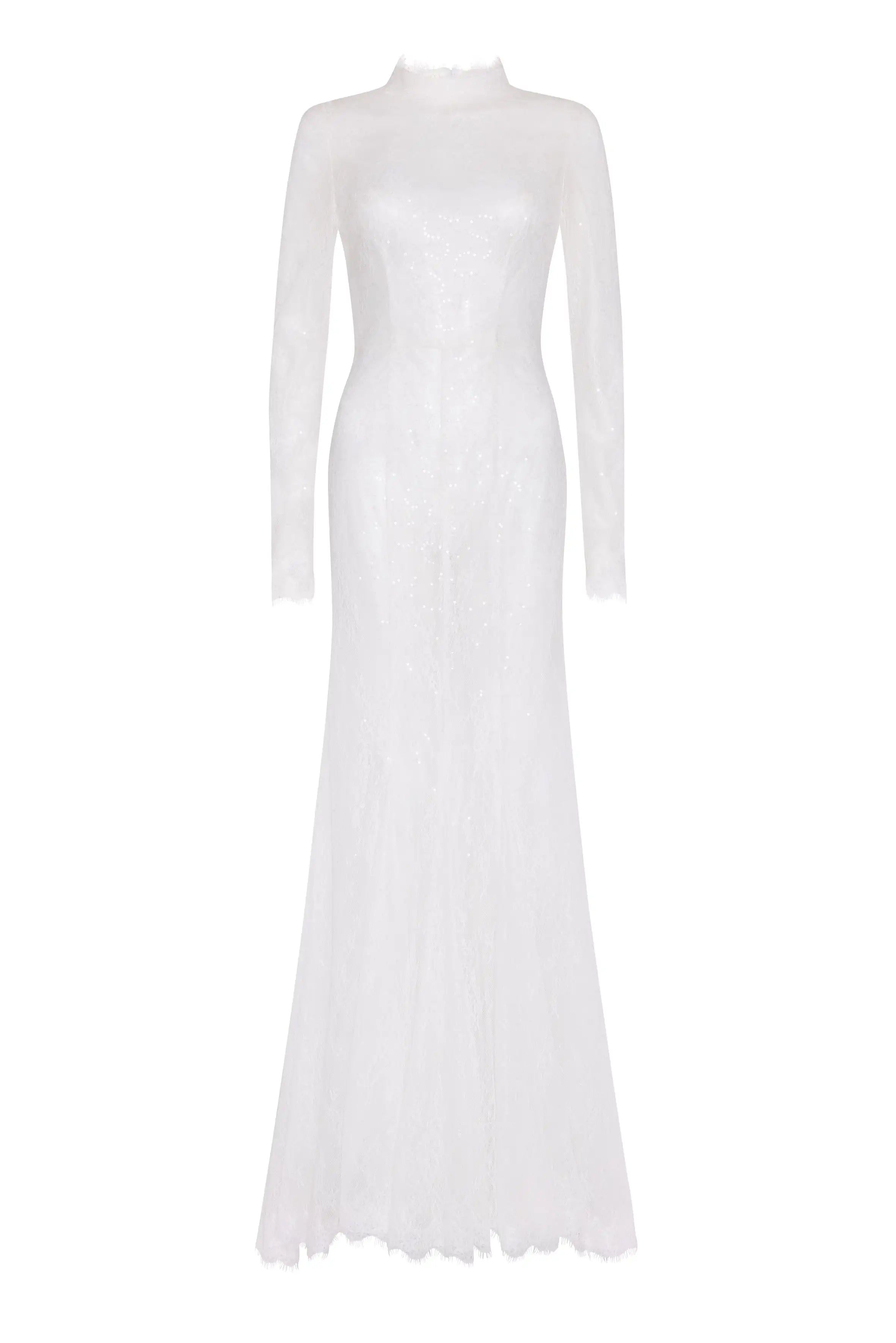 The Nova Bridal Dress in Ivory Chantilly Lace by TH&TH features long sleeves, a high neckline, subtle lace details, a fitted waist, and a floor-length gently flared hem.