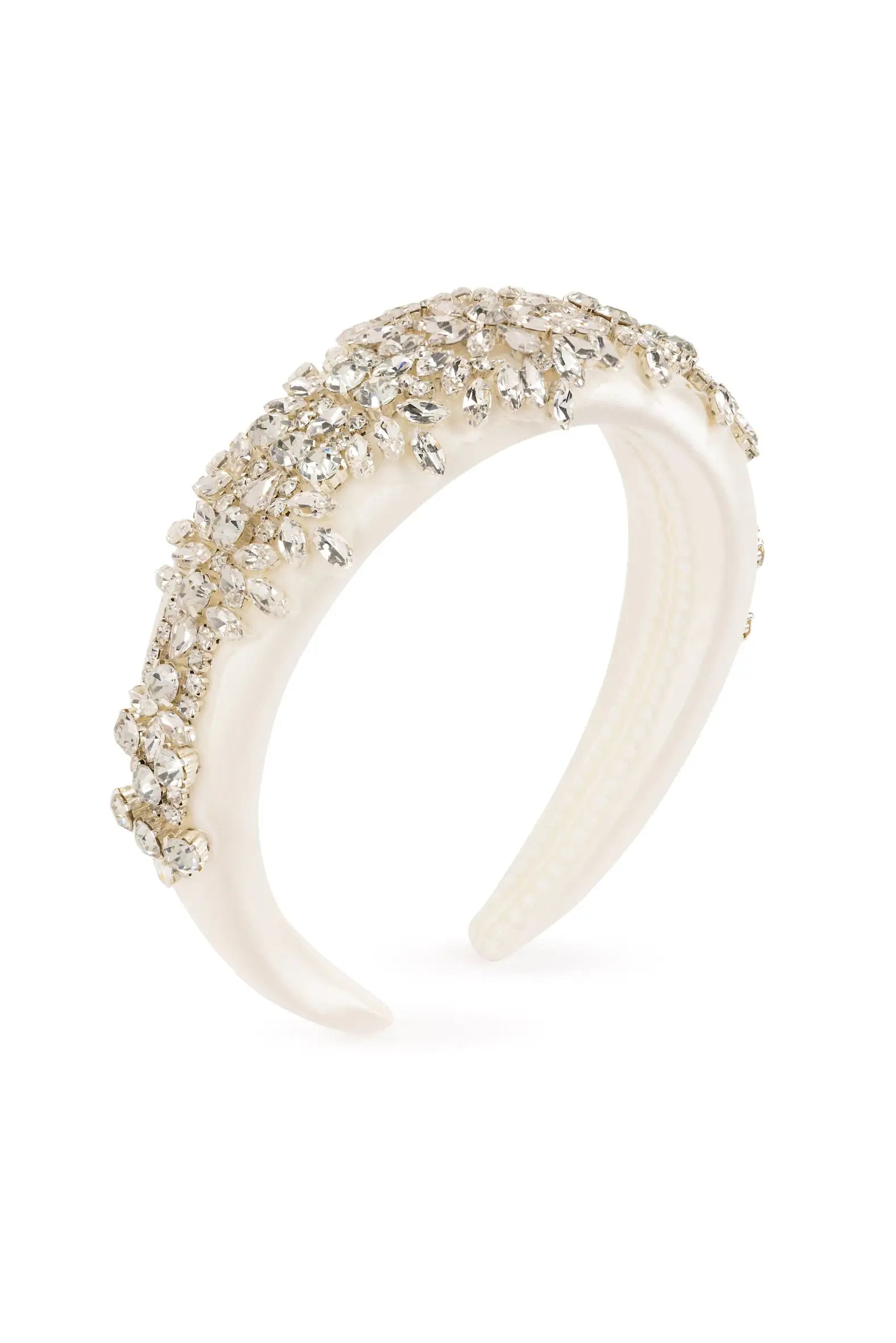 The Octavia Crystal and Satin Headband by TH&TH features white satin padding and sparkling clear rhinestone clusters on the top and sides, making it an elegant bridal hair accessory.