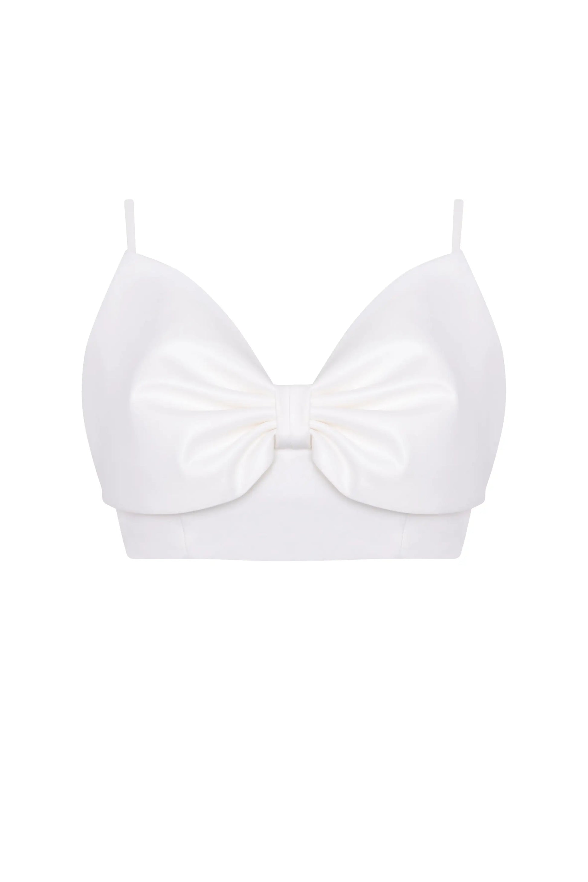 White crop top with a bow design on a white background