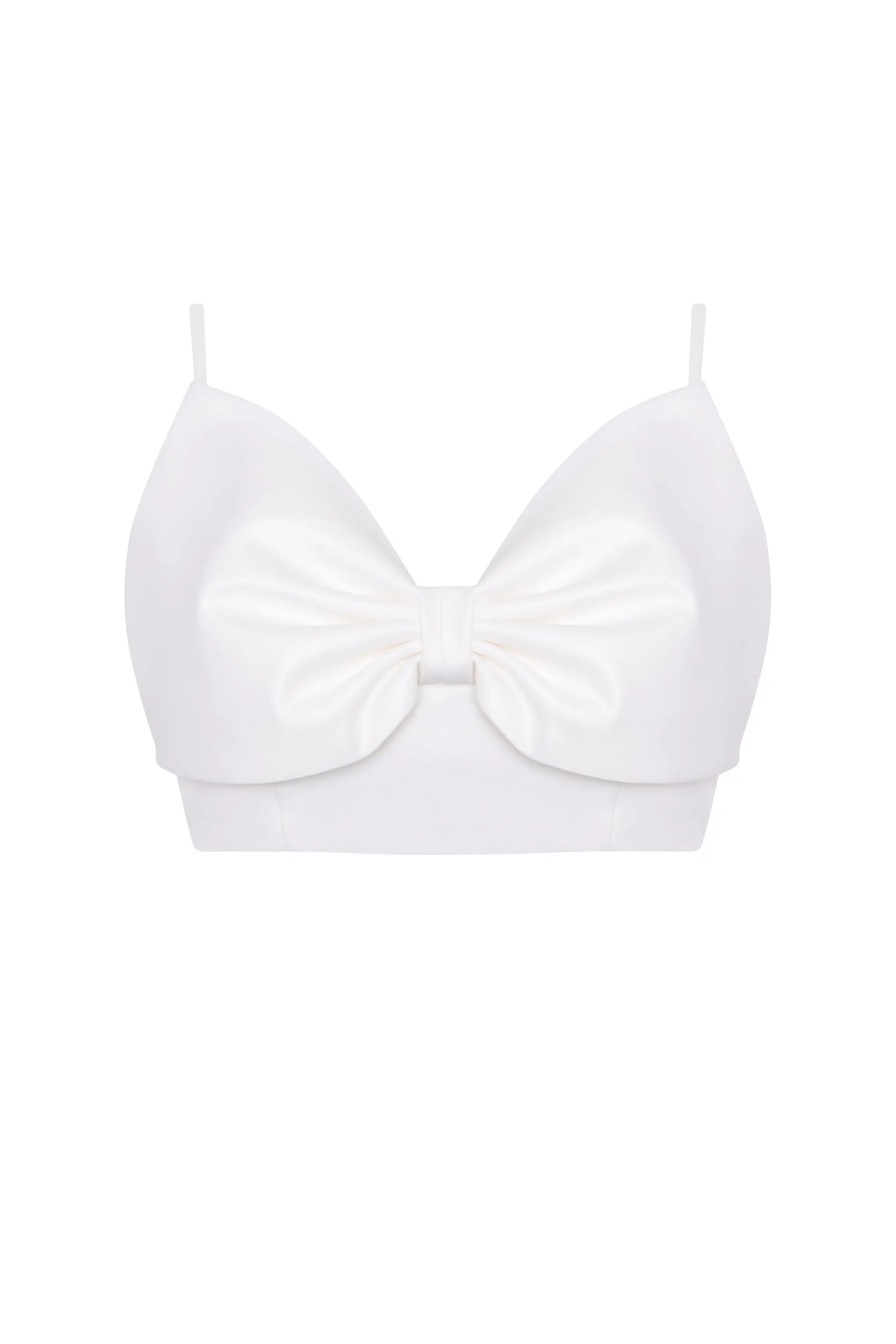 White crop top with a bow design on a white background