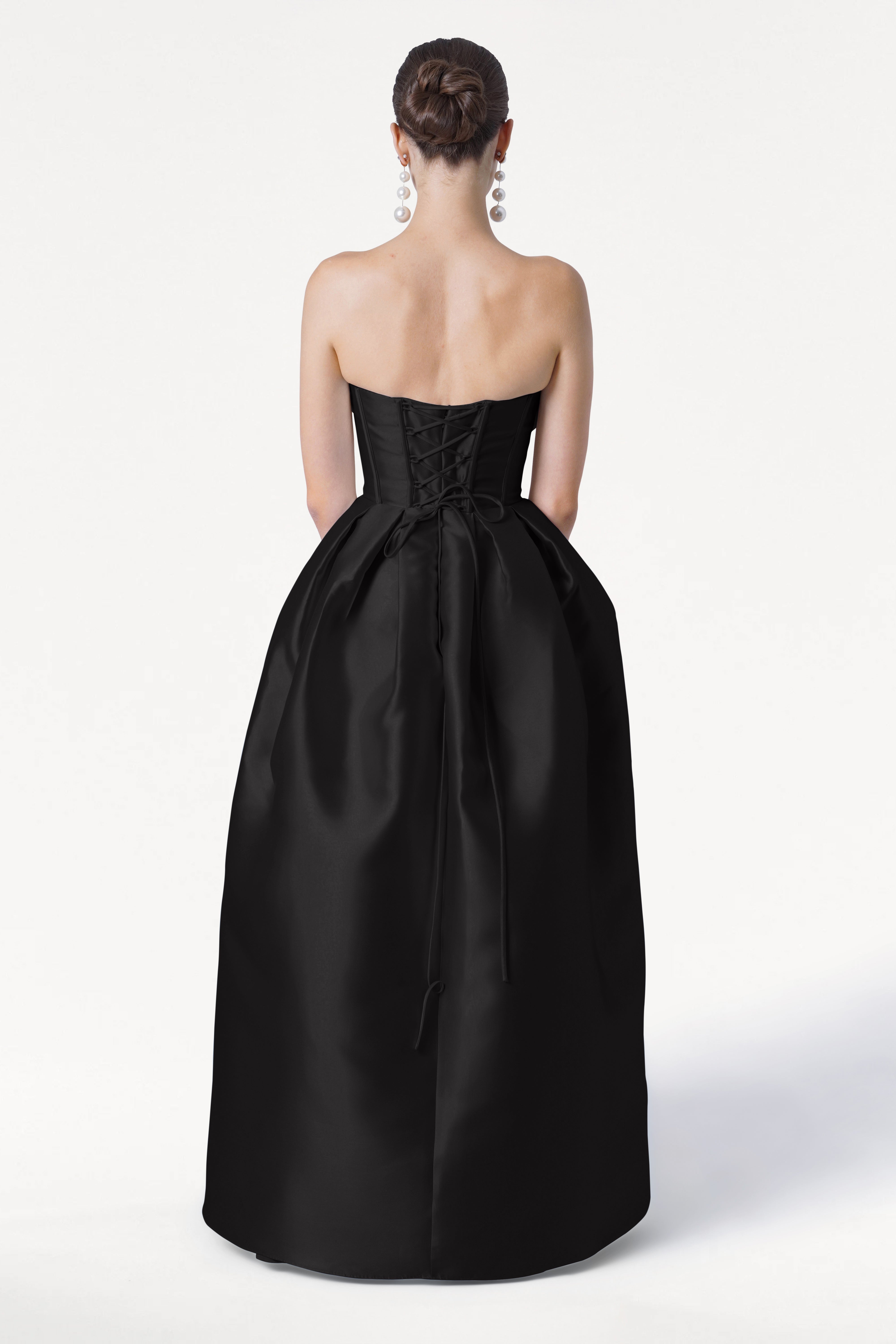 Ophelia Bridesmaid Dress in Black Satin Twill