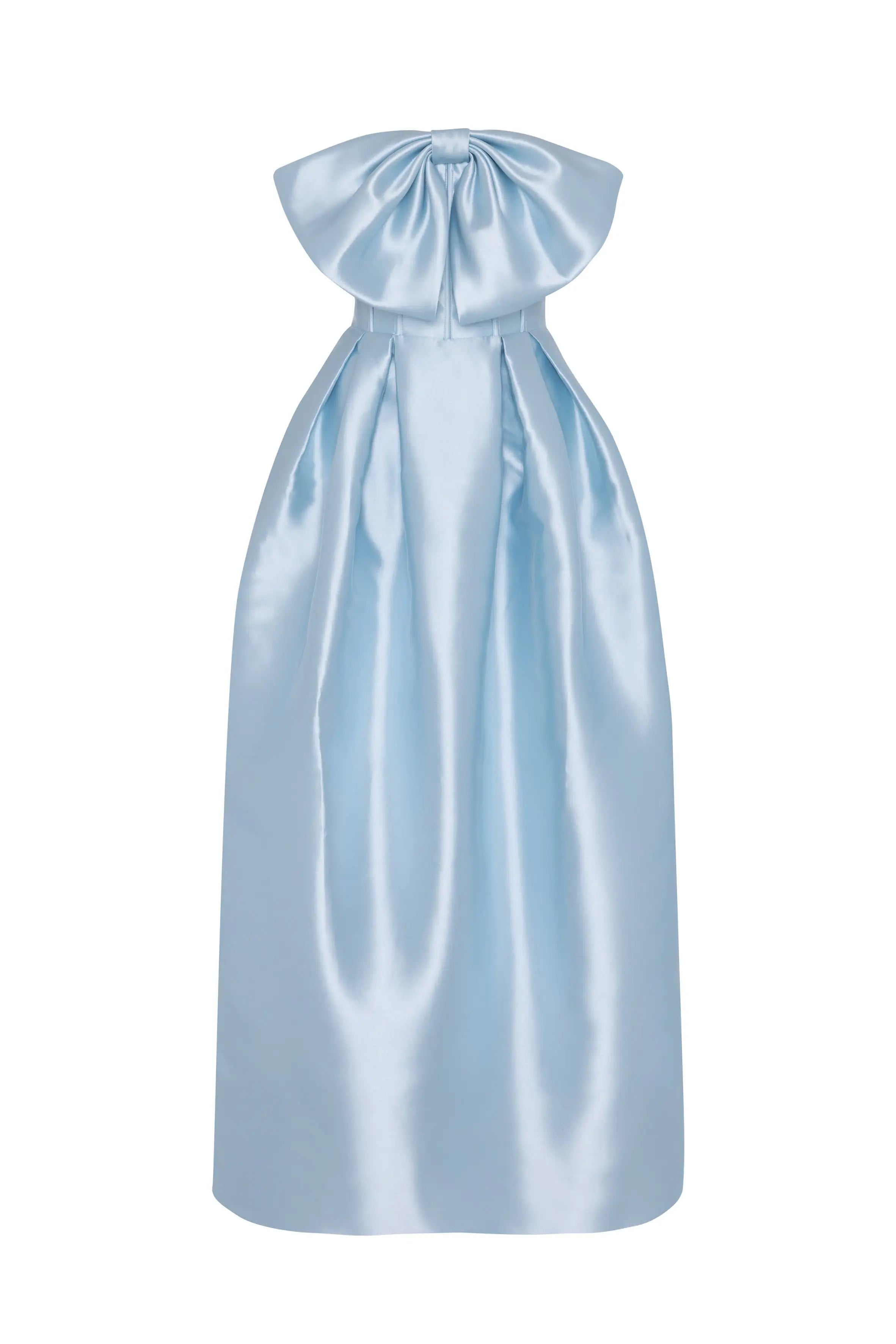 The Ophelia Bridesmaid Dress by TH&TH features a sleeveless, floor-length, frosted blue satin twill design with a corset bodice, large bow at the neckline, and pleated front accents.
