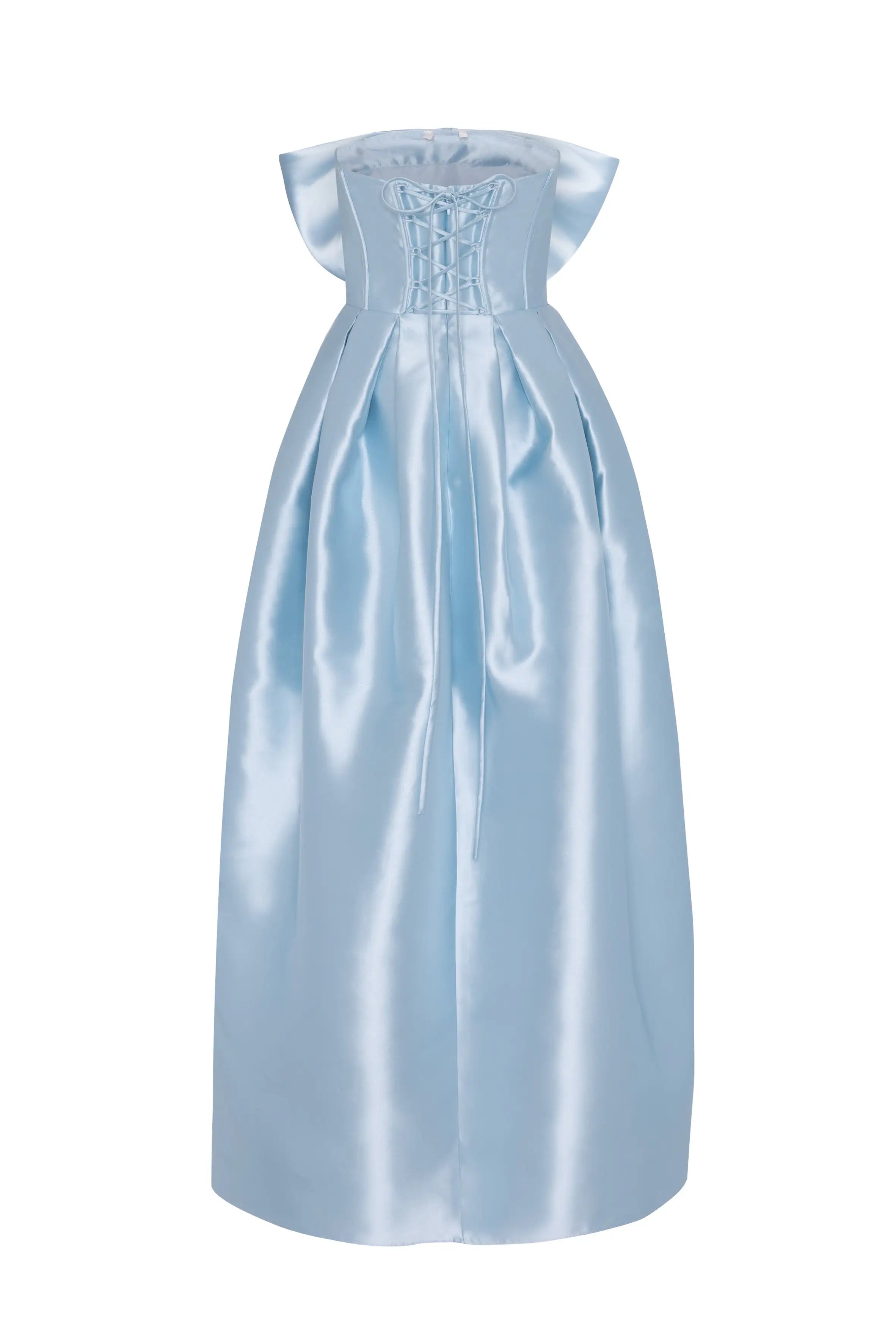 The TH&TH Ophelia Bridesmaid Dress in Frosted Blue Satin Twill is a long, sleeveless gown with a fitted corset bodice, lace-up front, and full floor-length skirt finished in smooth satin twill for elegant sophistication.