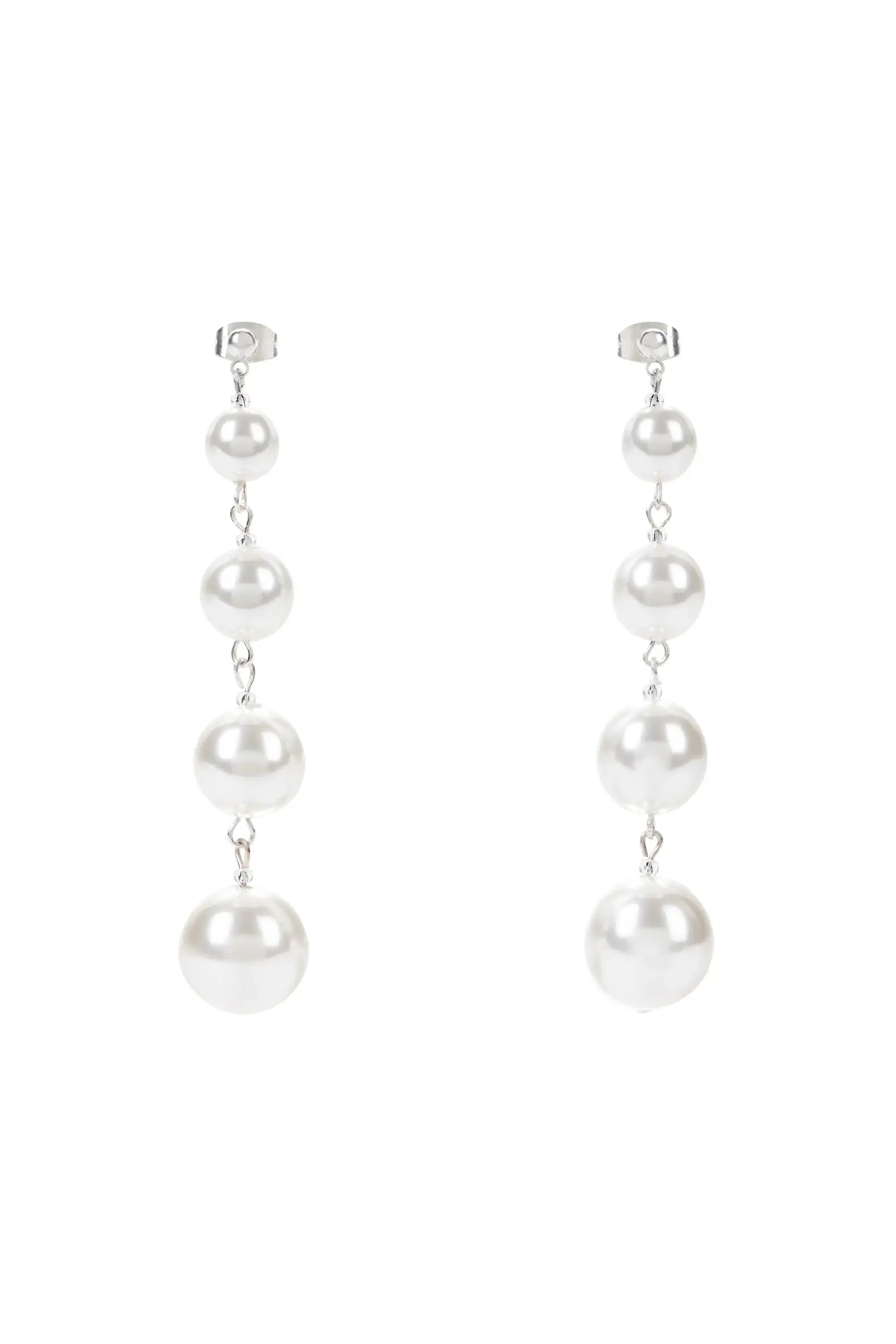 The Palais Pearl Drop Earrings by TH&TH feature four graduated white pearls linked vertically in silver—ideal as wedding earrings or handmade UK bridal jewellery, shown on a plain white background.