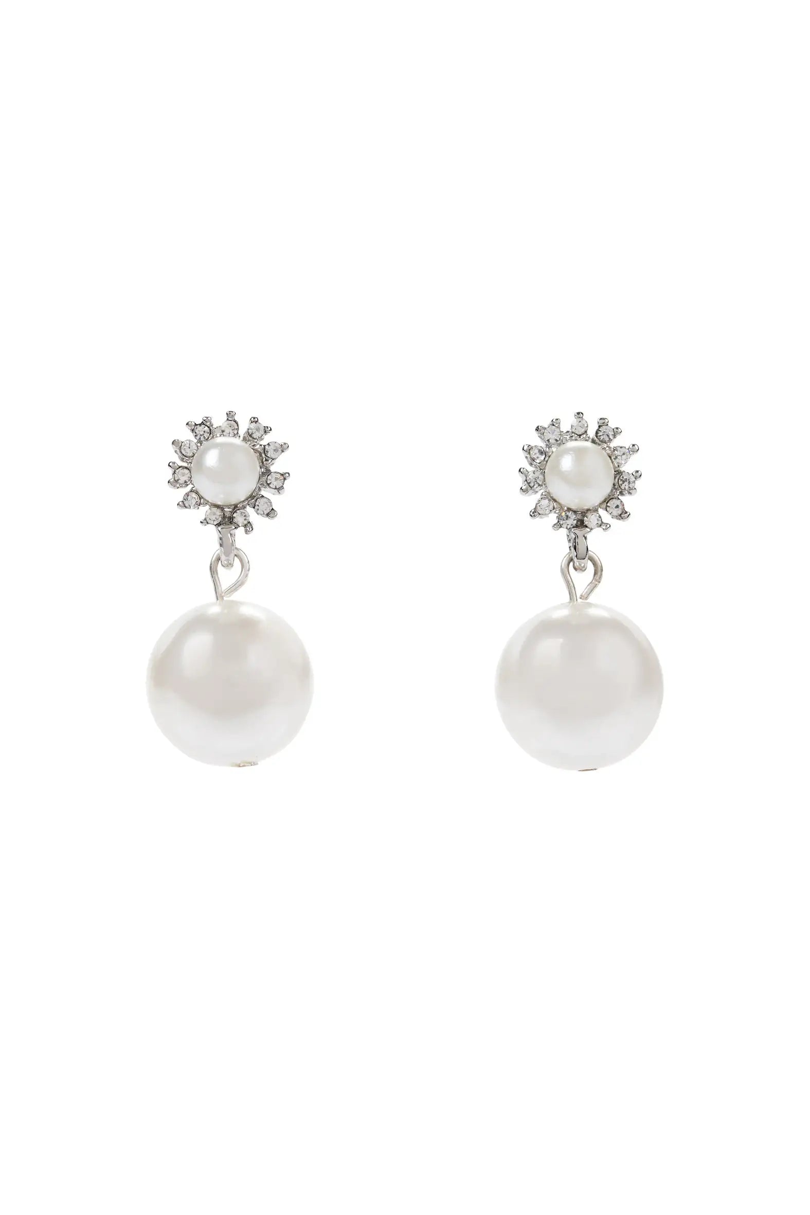 The Pearl Blossom Stud Earrings by TH&TH feature a small pearl encircled by clear gems with a larger dangling pearl—beautiful handmade UK bridal jewellery, perfect for your special day.