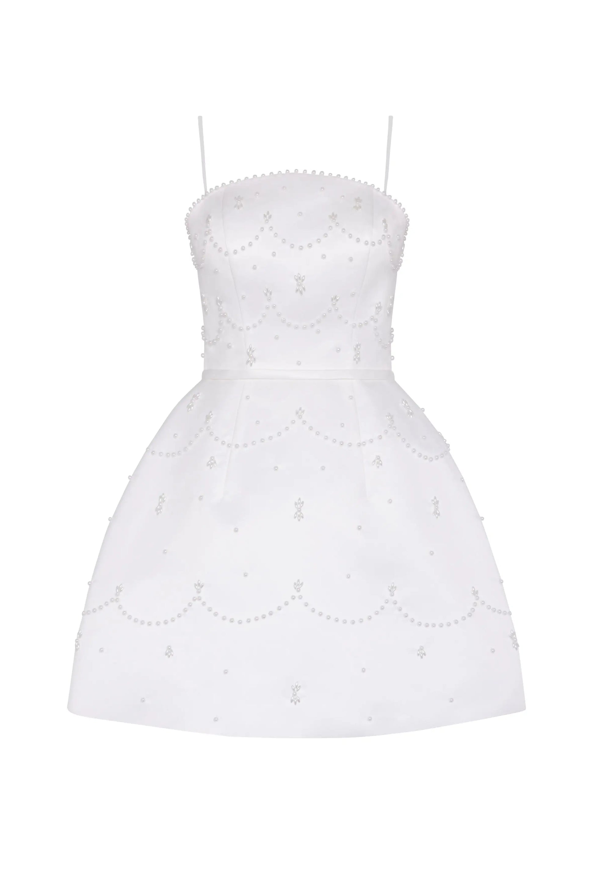 The Pearl Bridal Mini Dress in Ivory by TH&TH features a sleeveless design with thin straps, fitted bodice, A-line skirt, and delicate pearl and bead embellishments in scalloped and dotted patterns throughout.