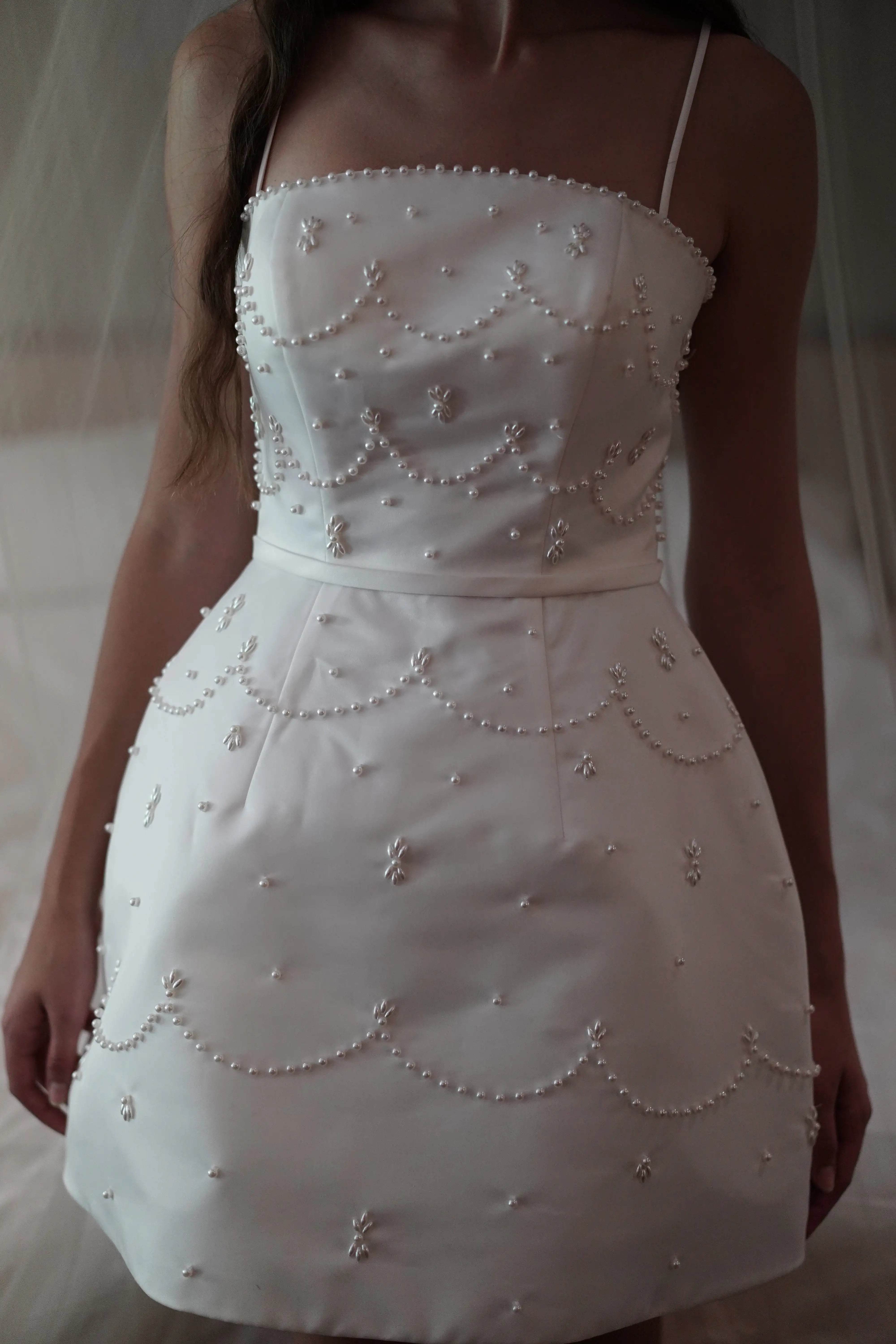 pearl mini bridal dress Mini Short Wedding Dress Shiny Pearls with Pearl and Sequin Tassel Dress Bride