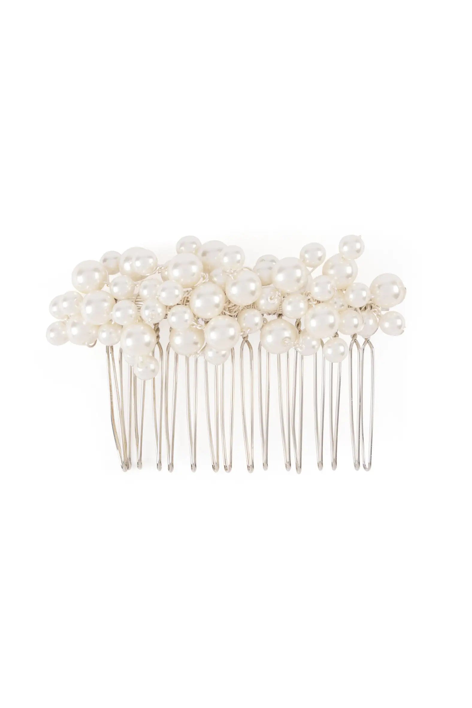 The TH&TH Pearl Cluster Hair Comb features silver detailing with white faux pearls of various sizes, creating an elegant accessory ideal for brides and perfect as a wedding hair comb.
