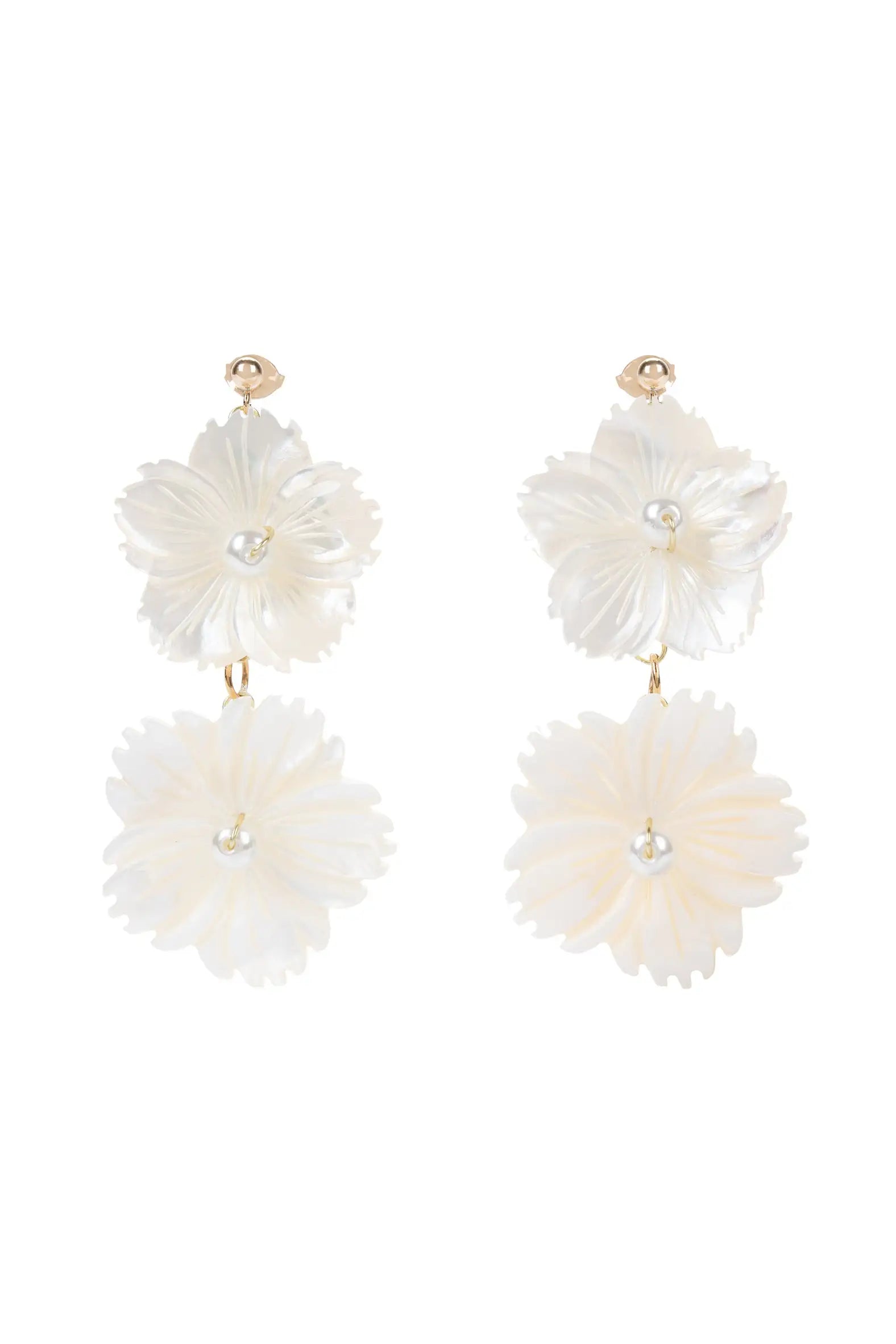 Pearl Floral Drop Earrings by TH&TH feature two layered white floral shapes with delicate petals and pearl-like centers, connected by gold-tone hardware—an elegant choice for wedding or bridal jewellery.