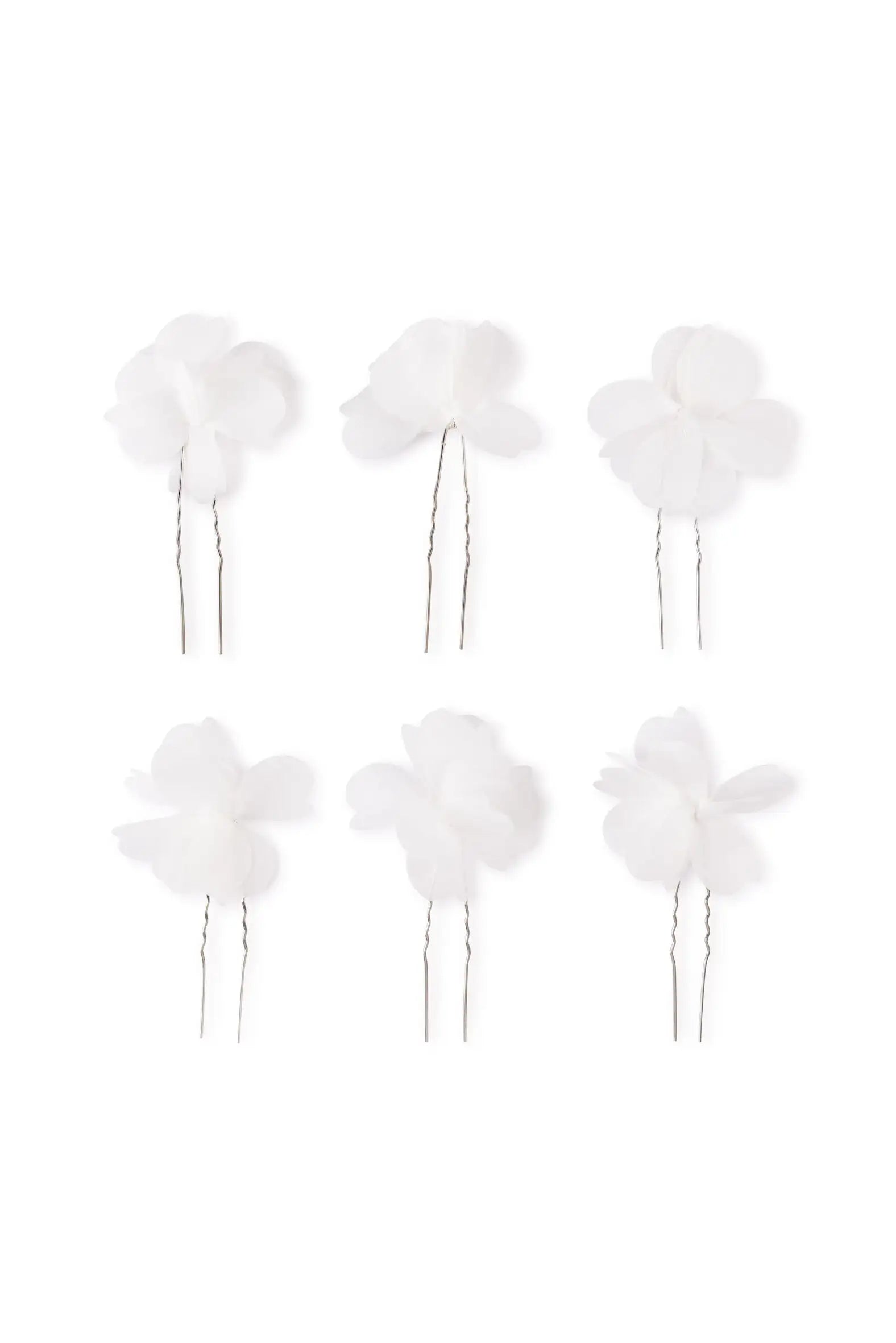 TH&TH Petal Hair Pins 6pcs—six white chiffon hair pins with delicate petals on silver pins, arranged in rows on a white background. Elegant bridal accessories for wedding hairstyles.
