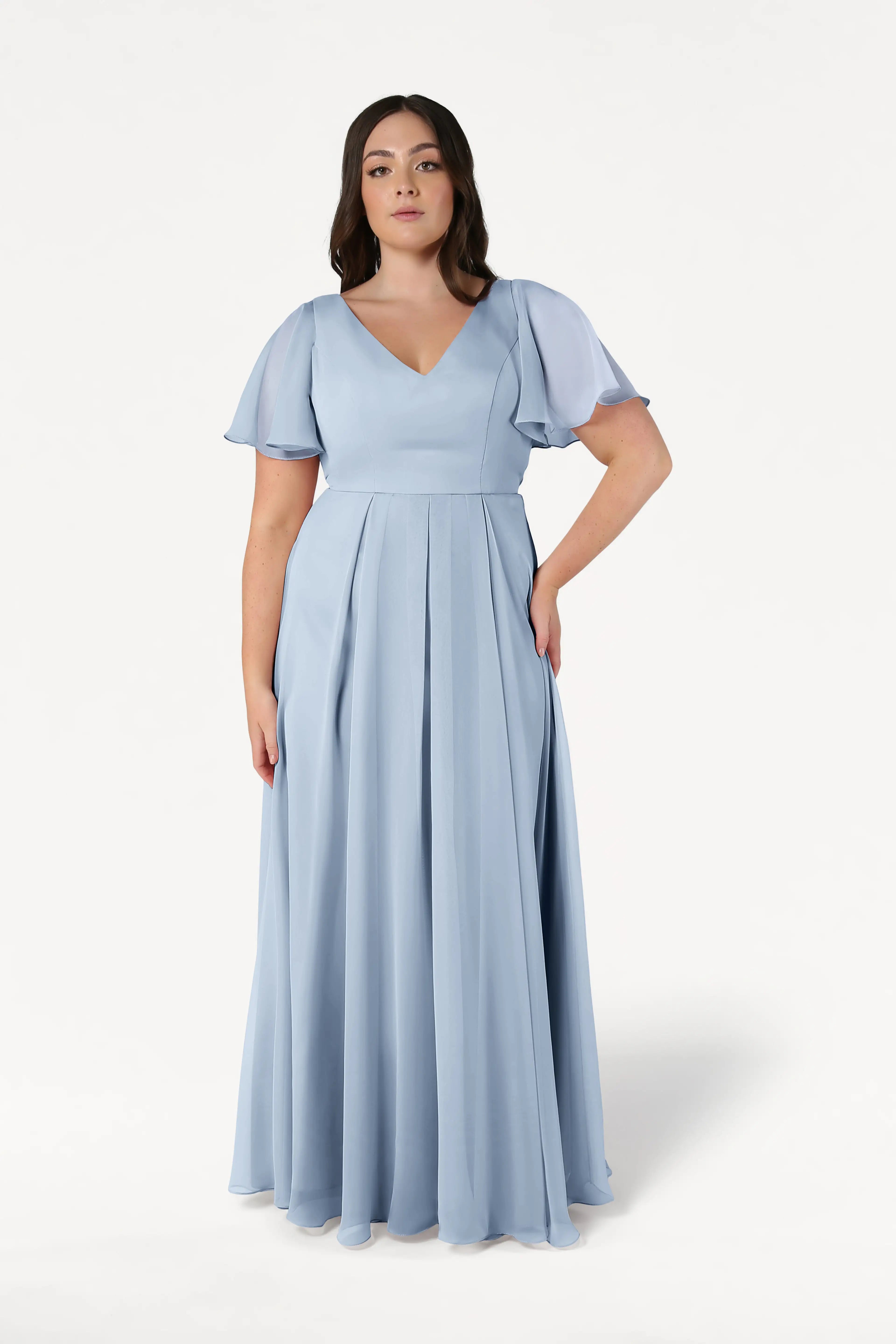 TH&TH Phoebe Bridesmaid Dress In Dusty Blue Chiffon