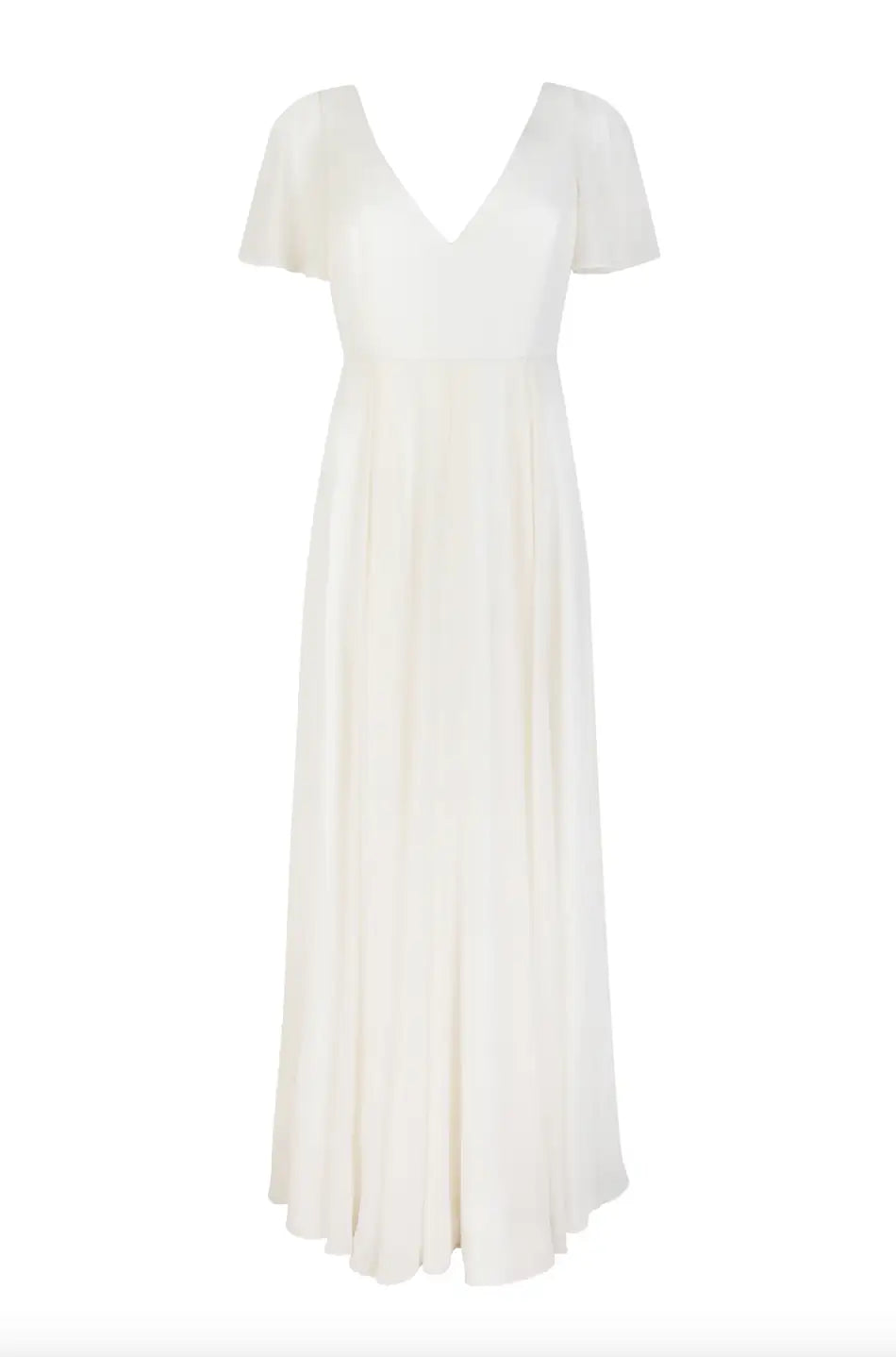 The Phoebe Dress in Ivory Chiffon by TH&TH features short flutter sleeves, a V-neckline, fitted bodice, and flowing floor-length skirt for a bump-friendly silhouette. Shown on a plain white background.