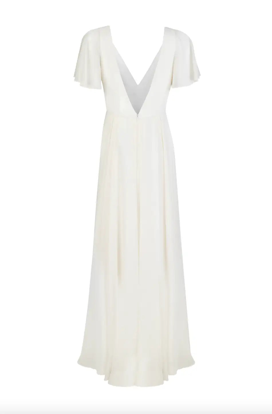 The Phoebe Dress in Ivory Chiffon by TH&TH features short flutter sleeves and a deep V-neckline, shown against a plain white background—an elegant, bump-friendly bridesmaid dress option.